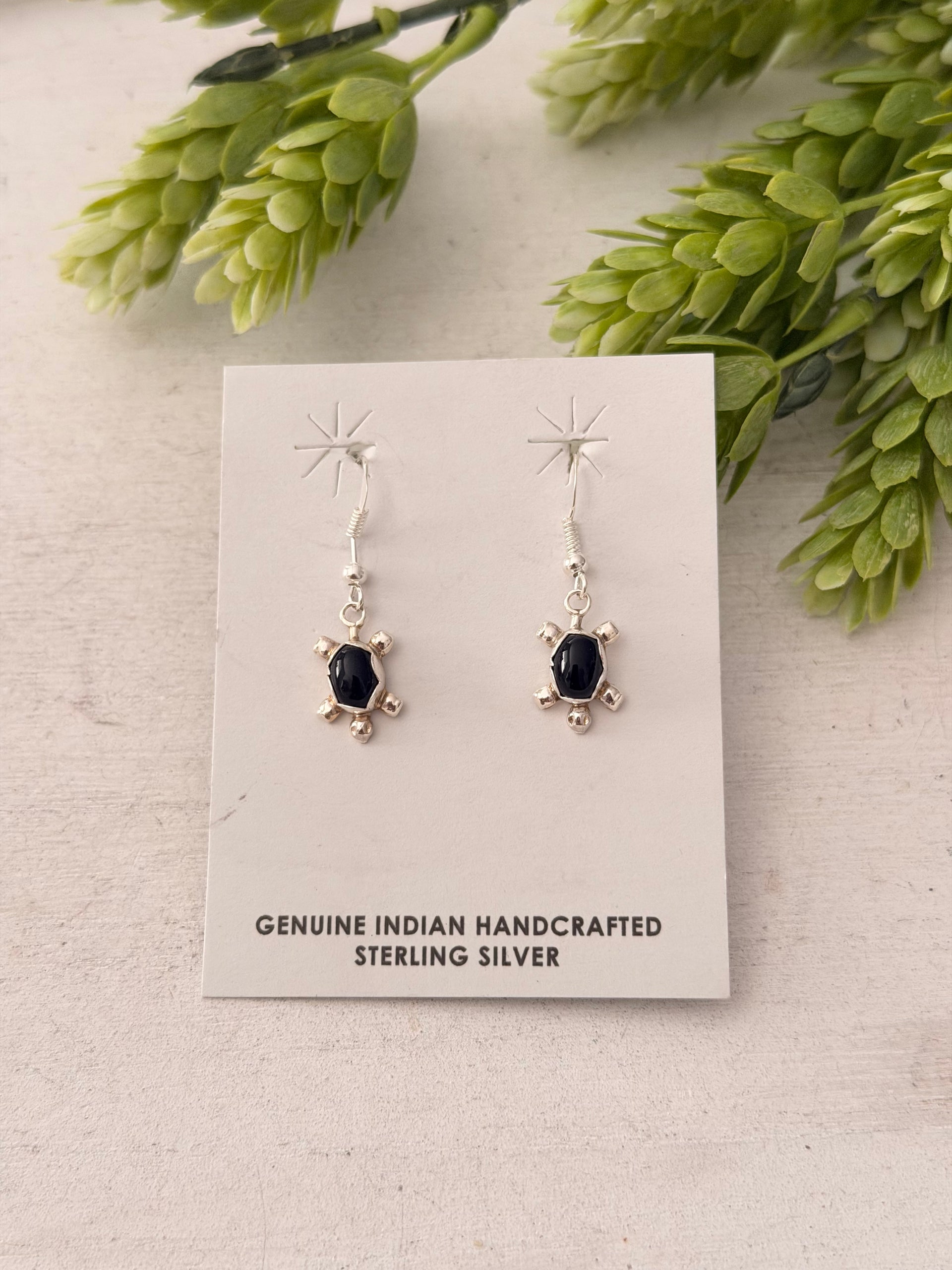 Navajo Made Onyx & Sterling Silver Turtle Dangle Earrings
