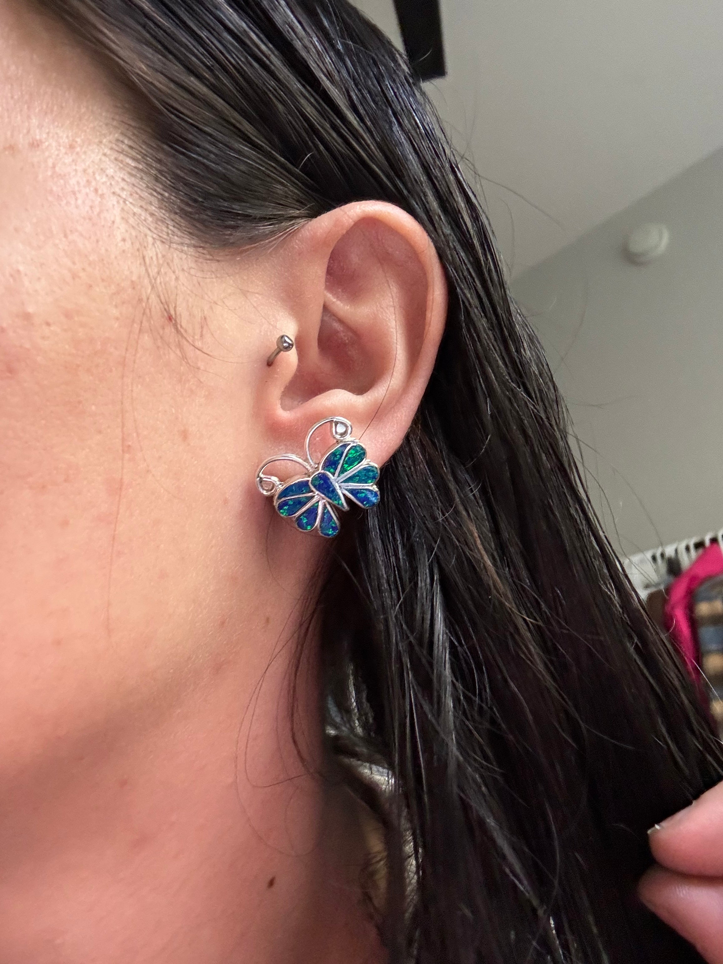 Zuni Made Blue Opal(Man-Made) & Sterling Silver Post Dragonfly Earrings