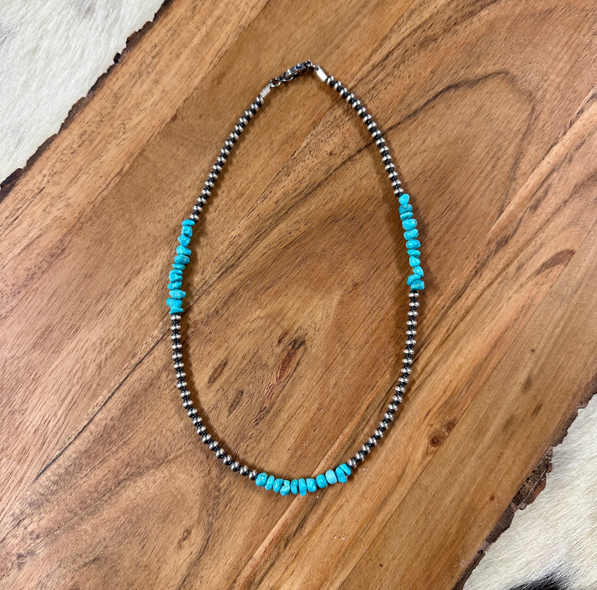 Navajo Strung Kingman Turquoise & Sterling Silver 4MM Beaded Pearl Necklace