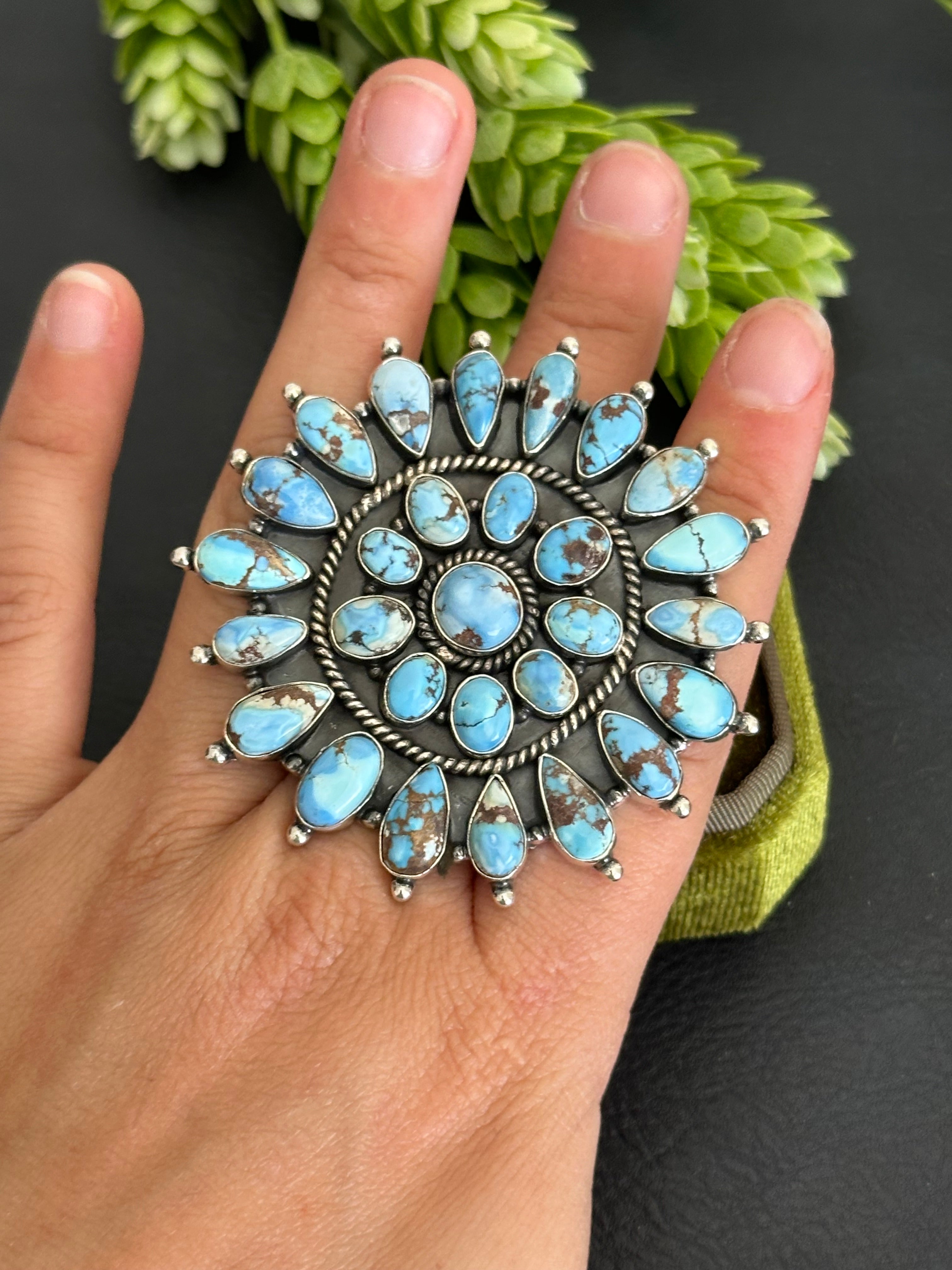 Southwest Handmade Golden Hills Turquoise & Sterling Silver Adjustable Cluster Ring