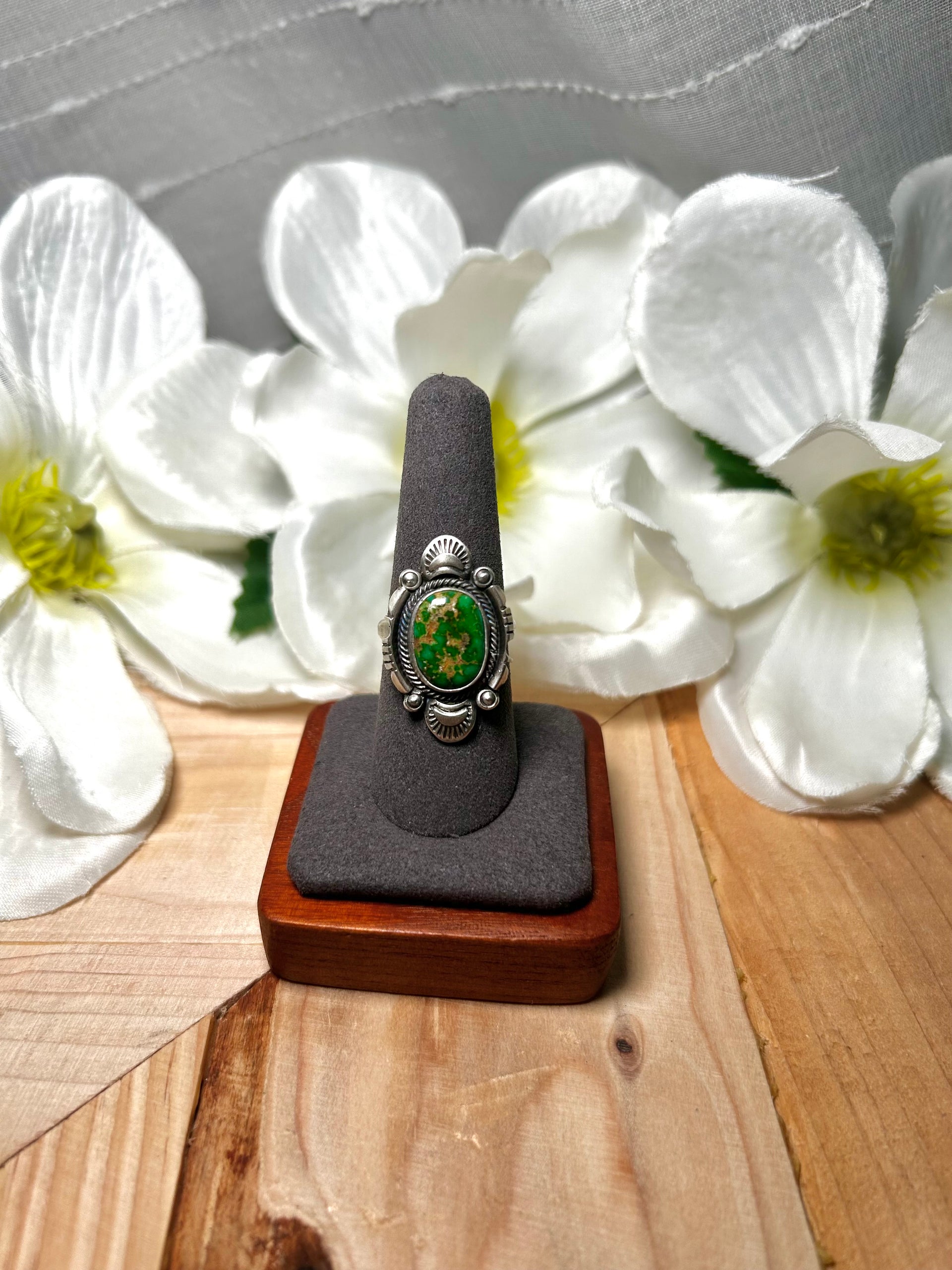 Navajo Made Sonoran Gold Turquoise & Sterling Silver Ring Size 8