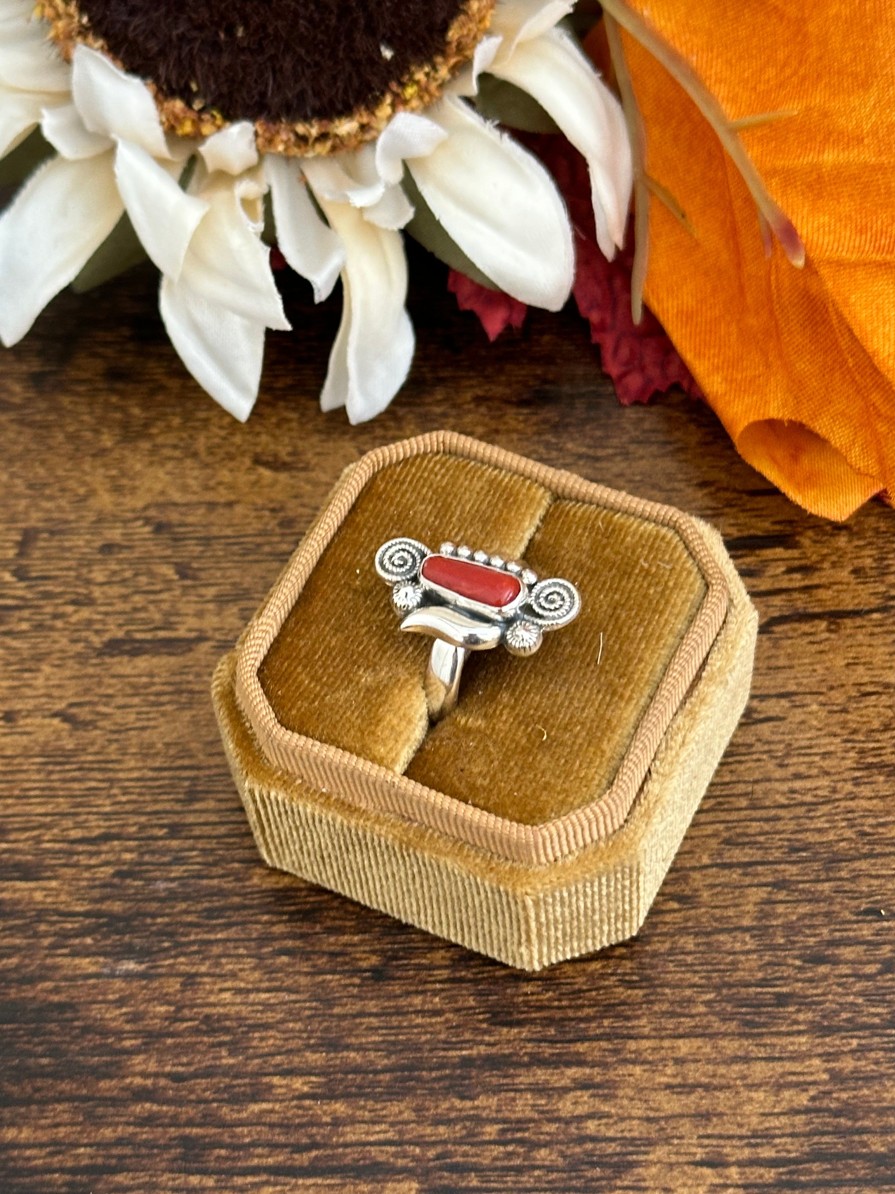 Southwest Handmade Red Coral & Sterling Silver Adjustable Ring