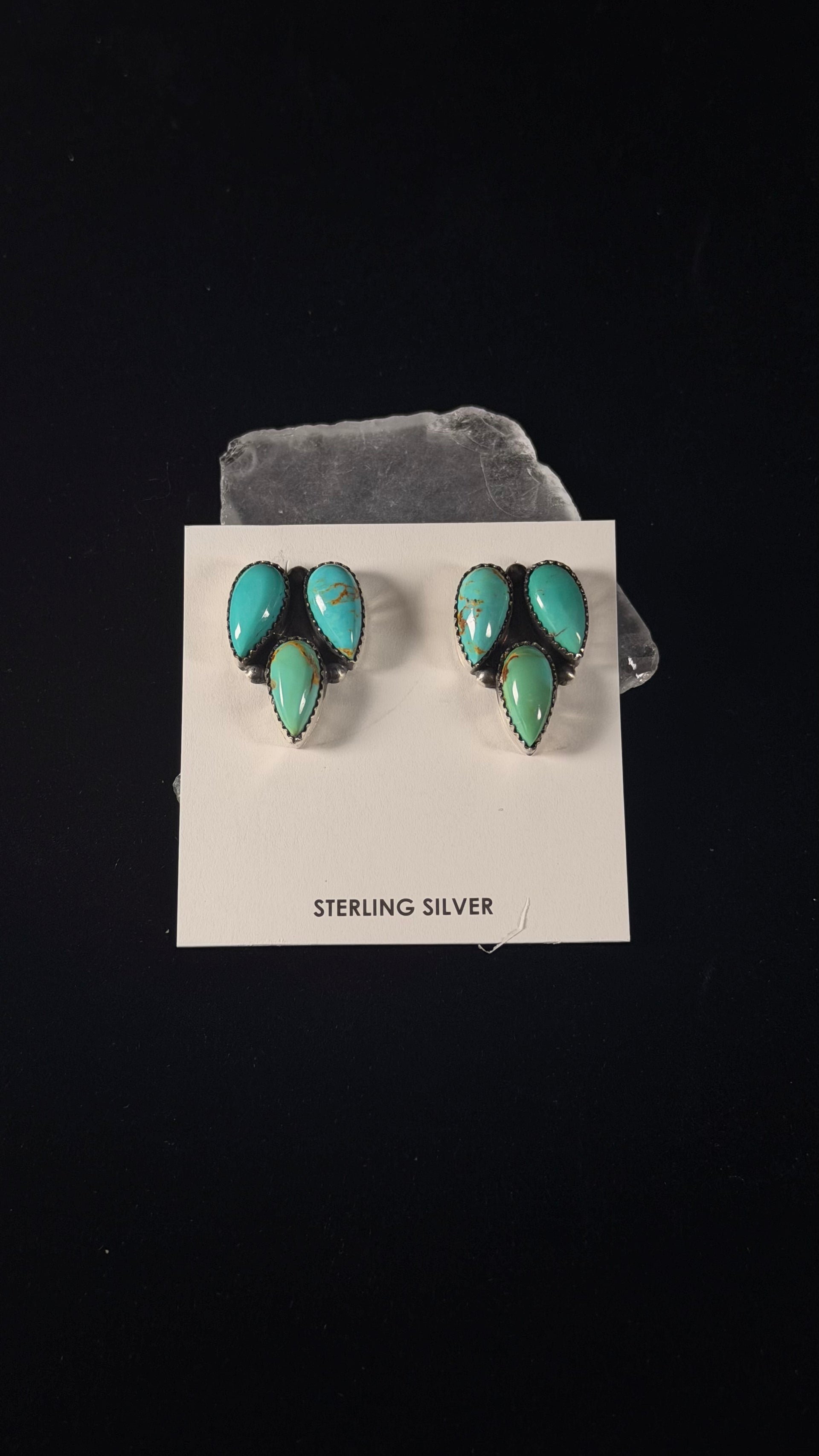 Navajo Made Kingman Turquoise & Sterling Silver Post Dangle Cluster Earrings