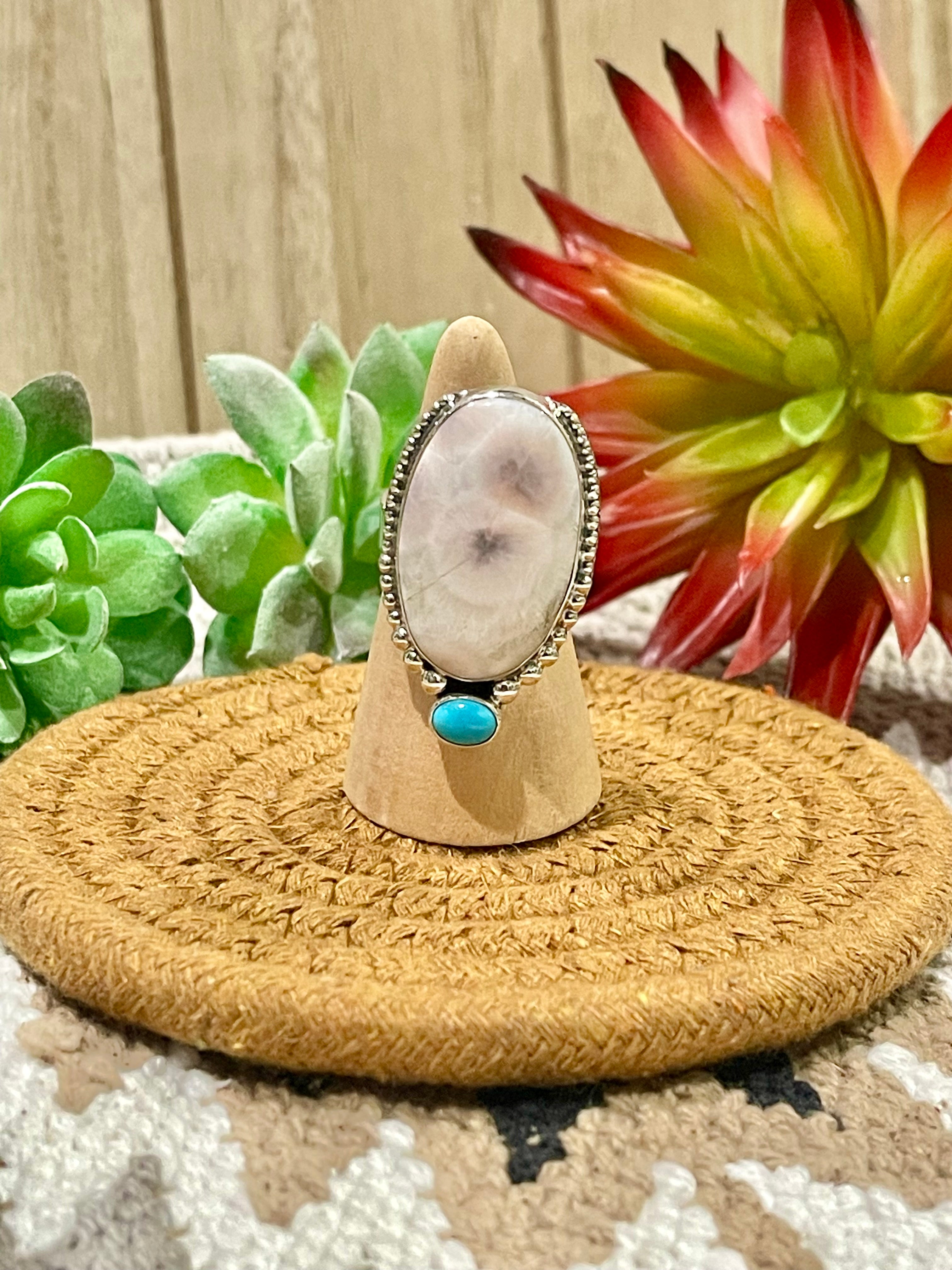 Southwest Handmade Pink Larimar With Kingman Turquoise & Sterling Silver Adjustable Ring