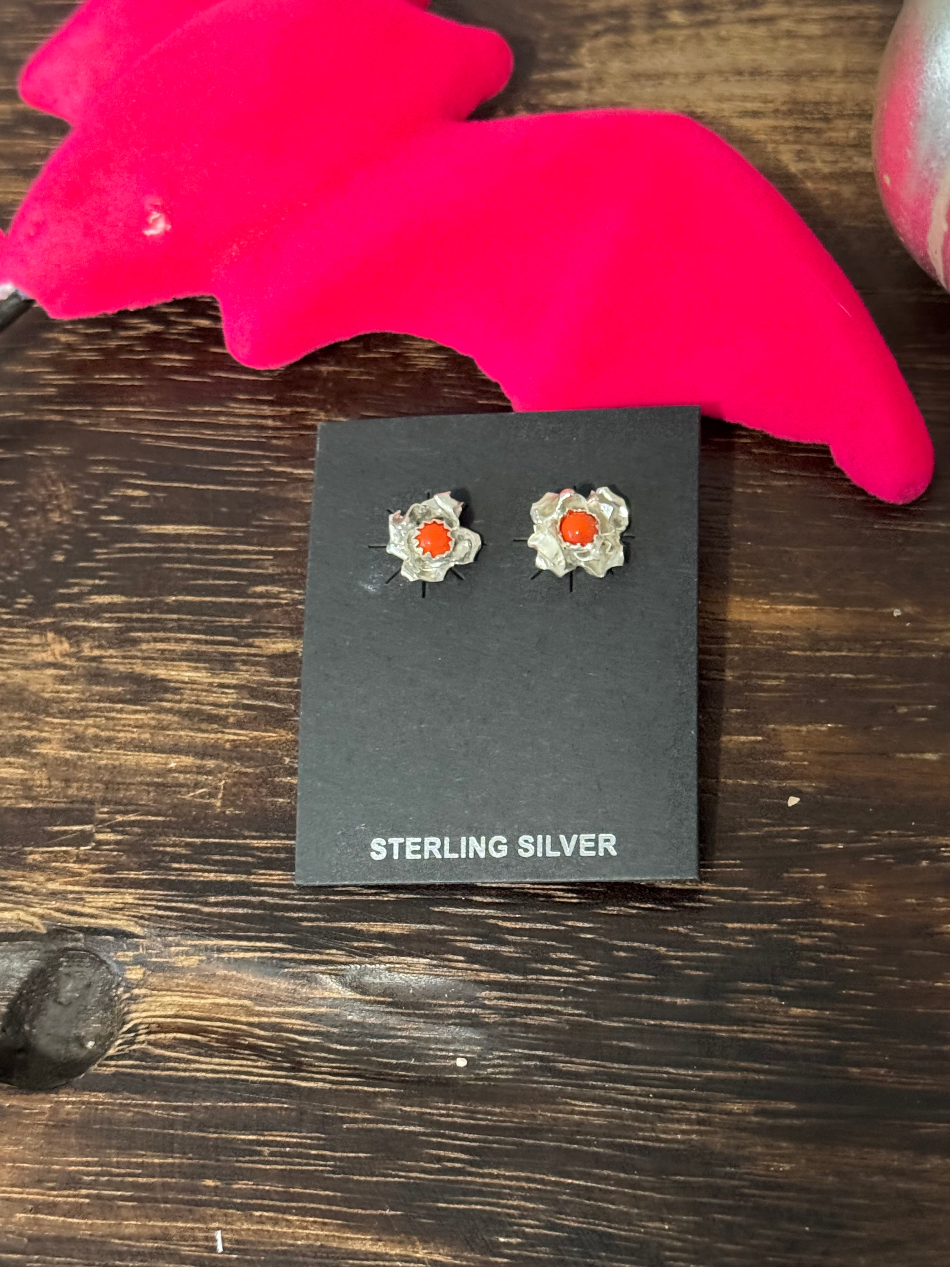 Navajo Made Mediterranean Coral & Sterling Silver Flower Post Earrings