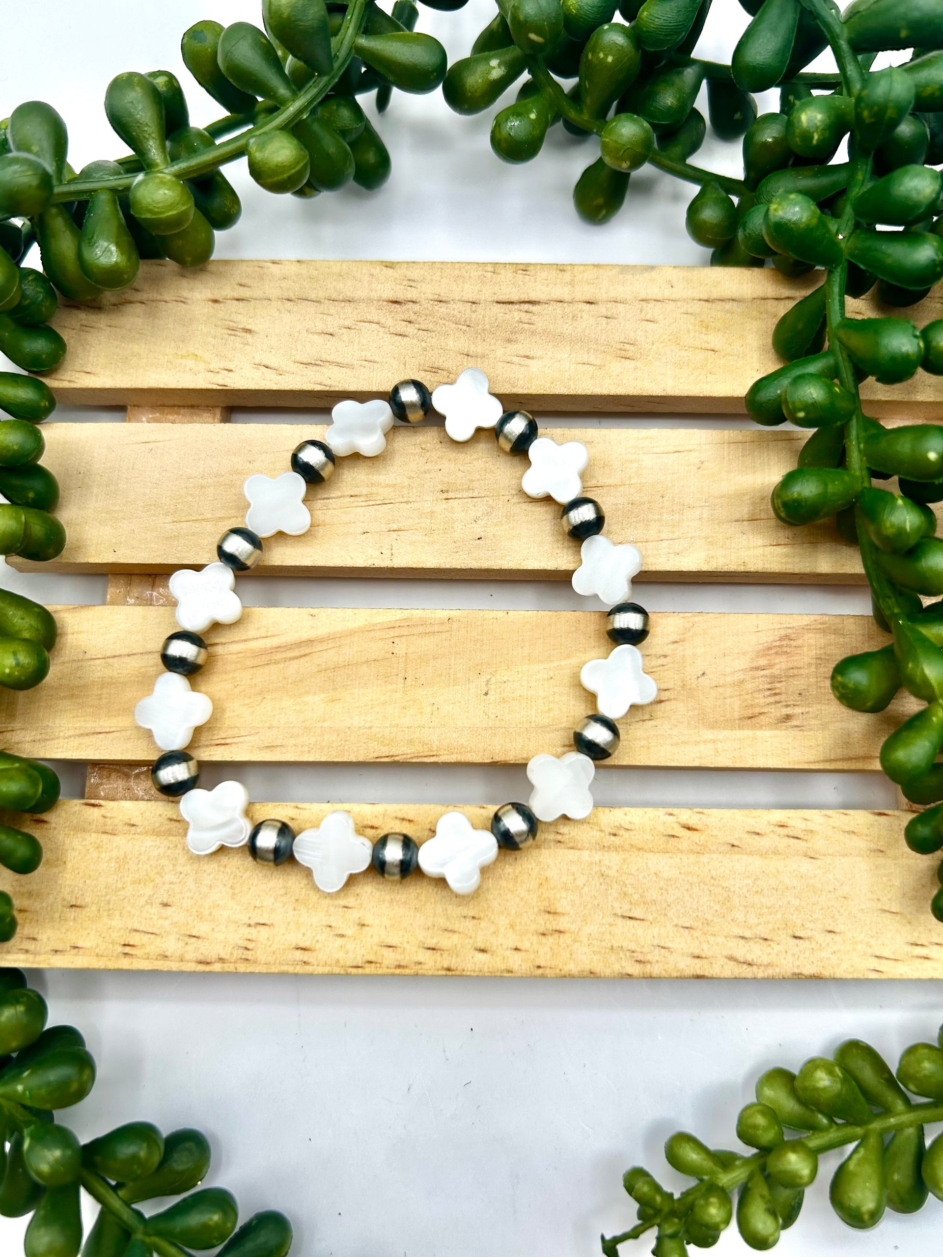 Navajo Made Mother of Pearl & Sterling Silver Strung Stretchy Bracelet