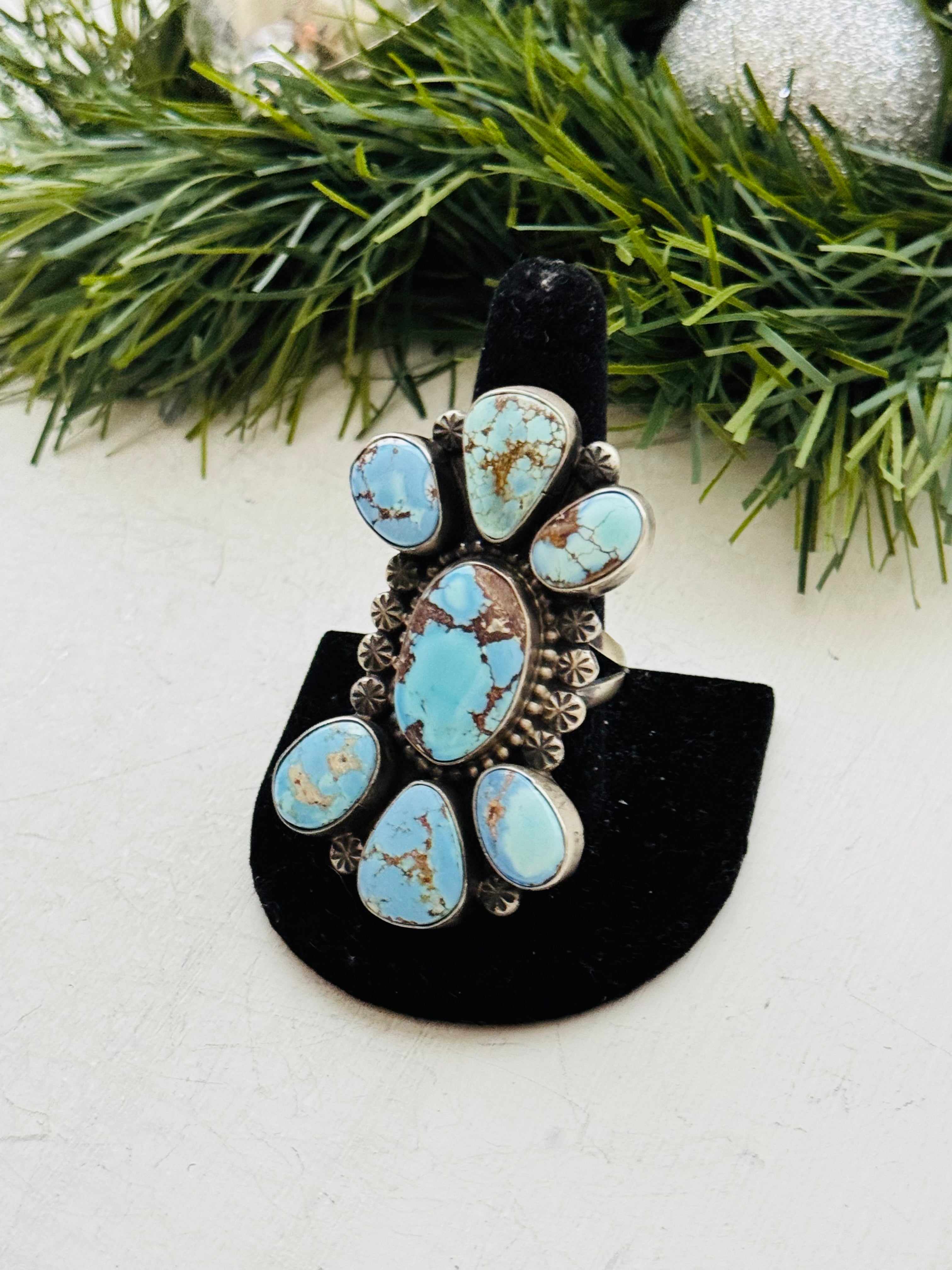 Navajo Made Golden Hills Turquoise & Sterling Silver Cluster Ring Size 10.5