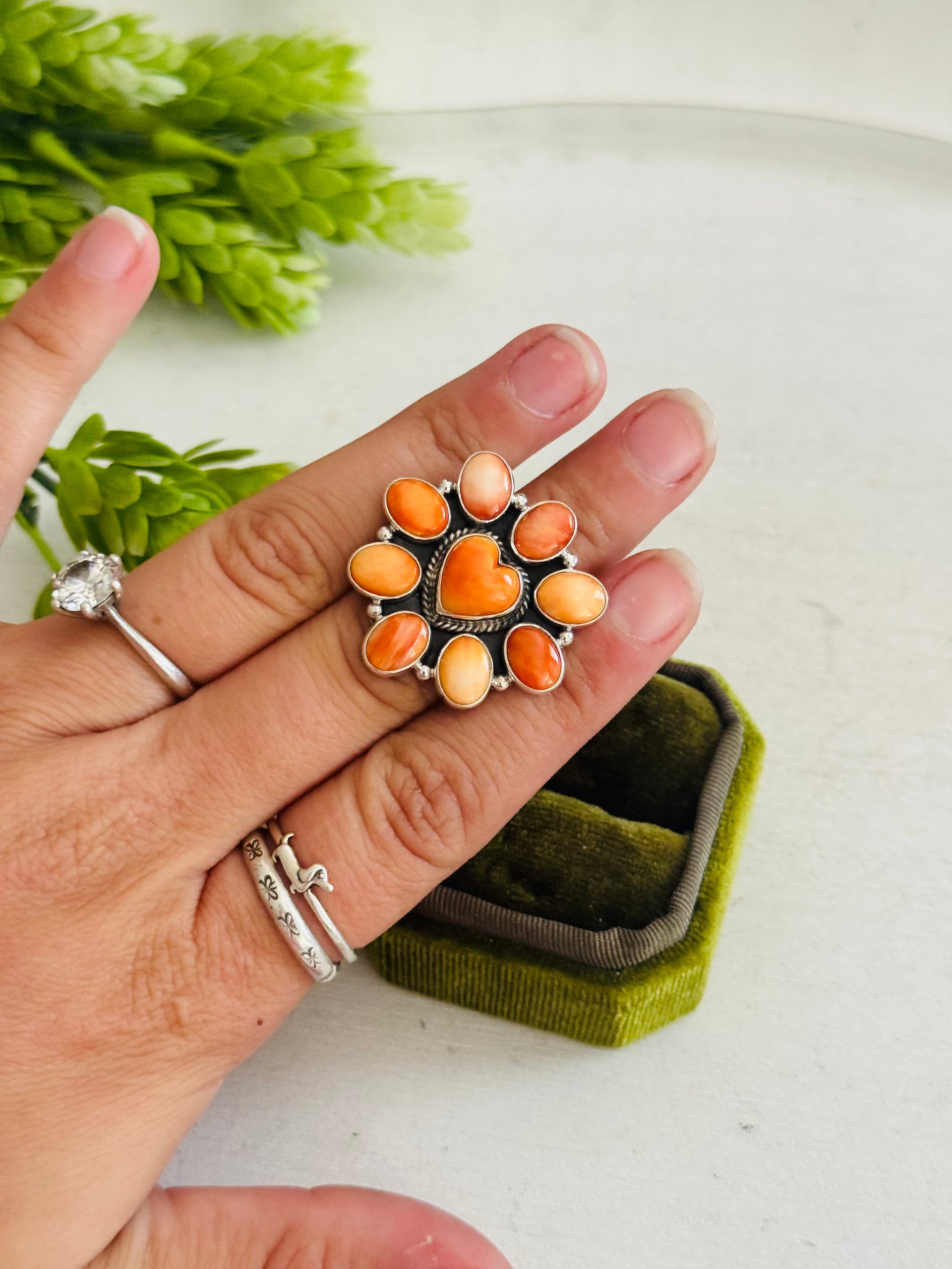 Southwest Made Spiny Oyster & Sterling Sliver Cluster Ring Size 6.75