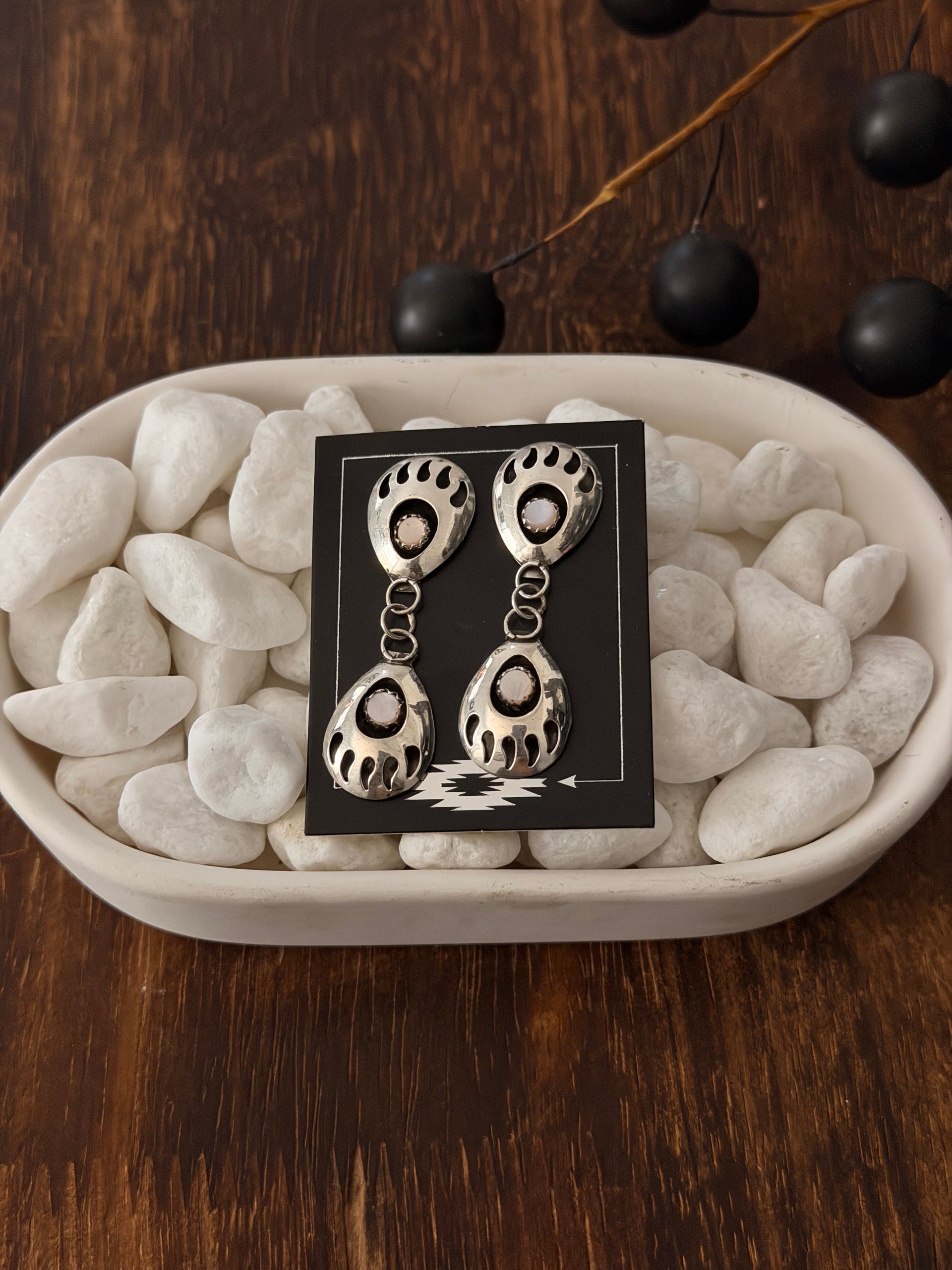 Navajo Made Mother of Pearl & Sterling Silver Post Dangle Bear Claw Earrings