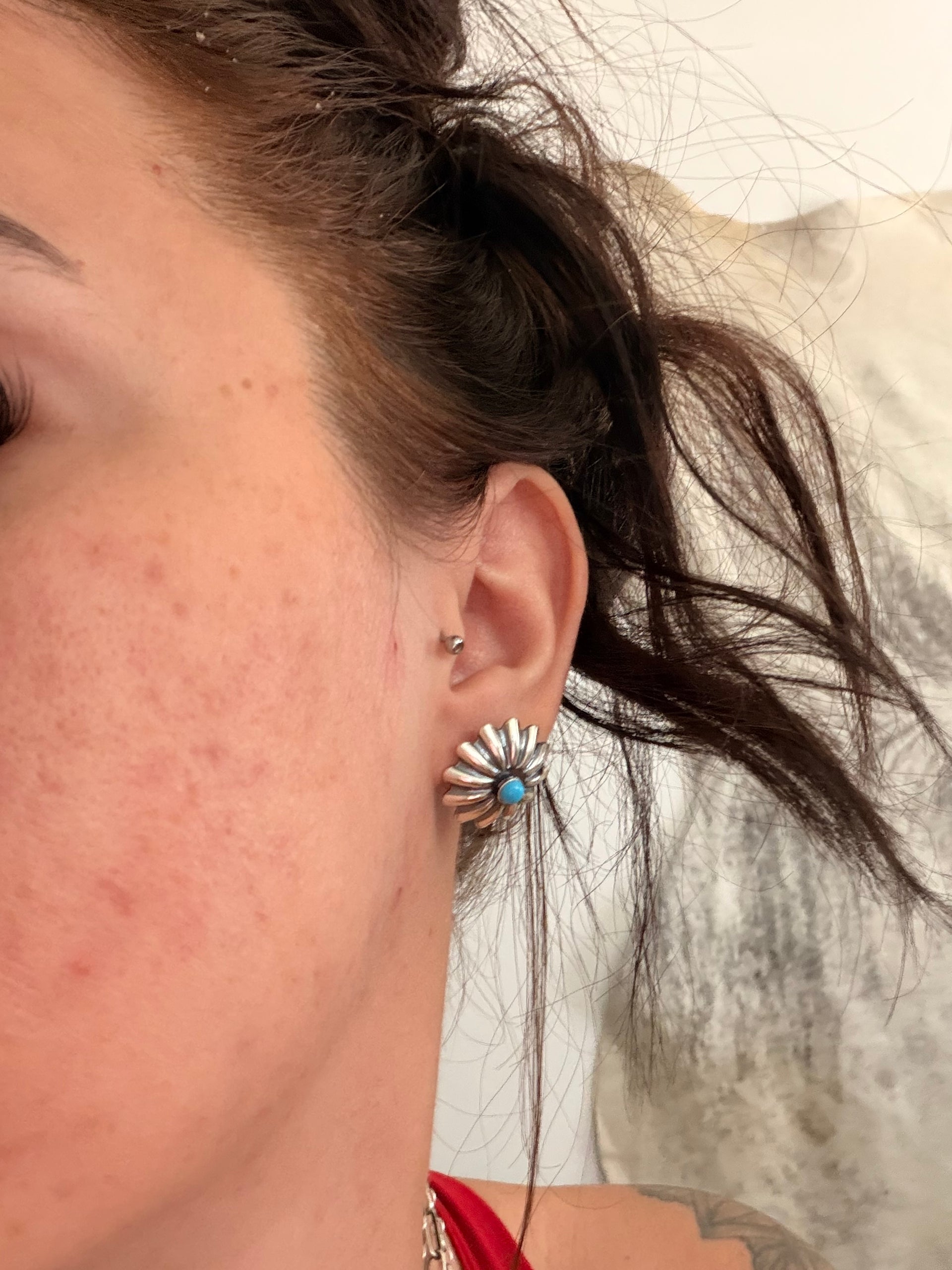 Navajo Made Kingman Turquoise & Sterling Silver Post Concho Earrings