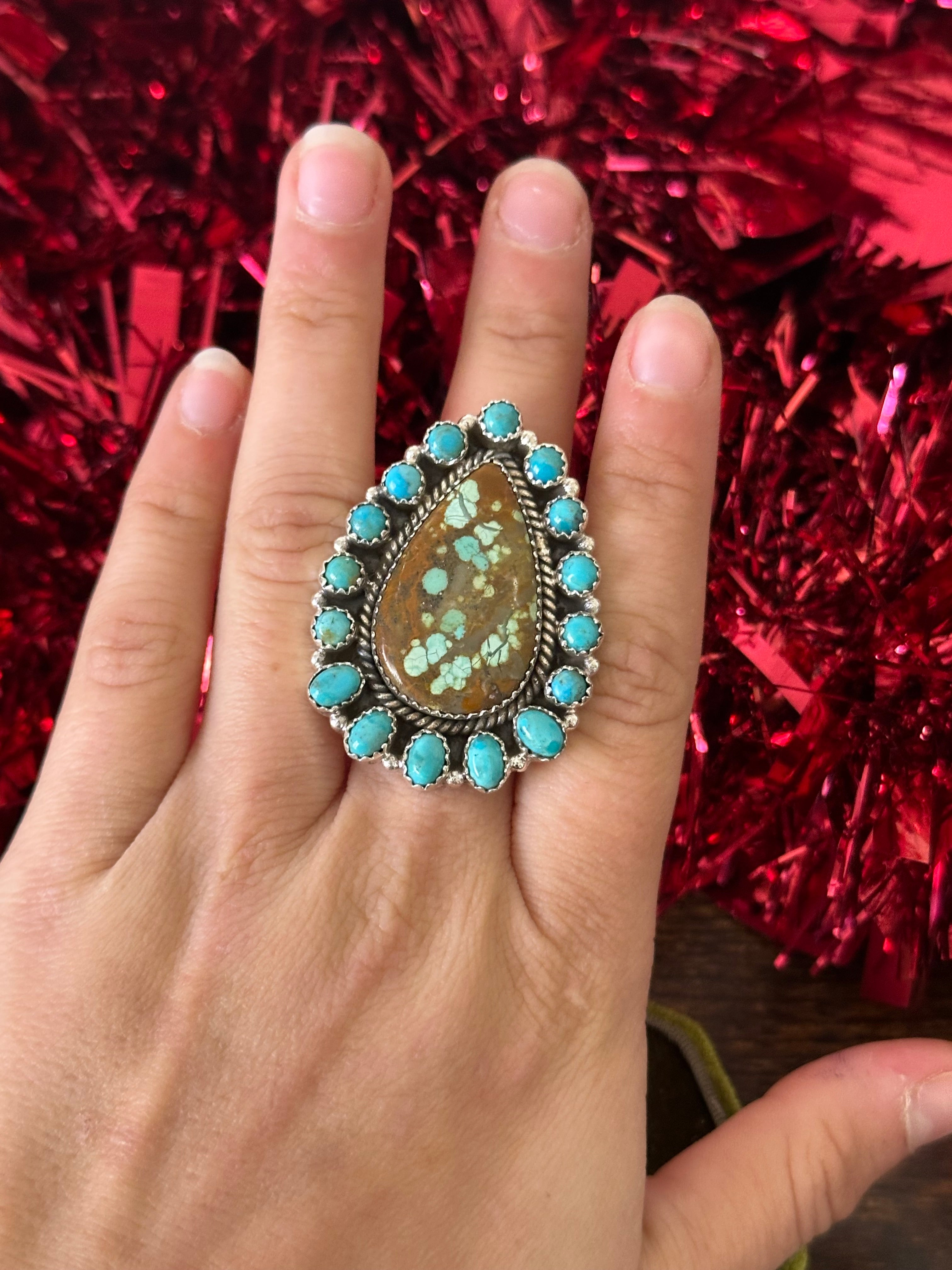 Southwest Handmade Multi Turquoise & Sterling Silver Cluster Adjustable Ring