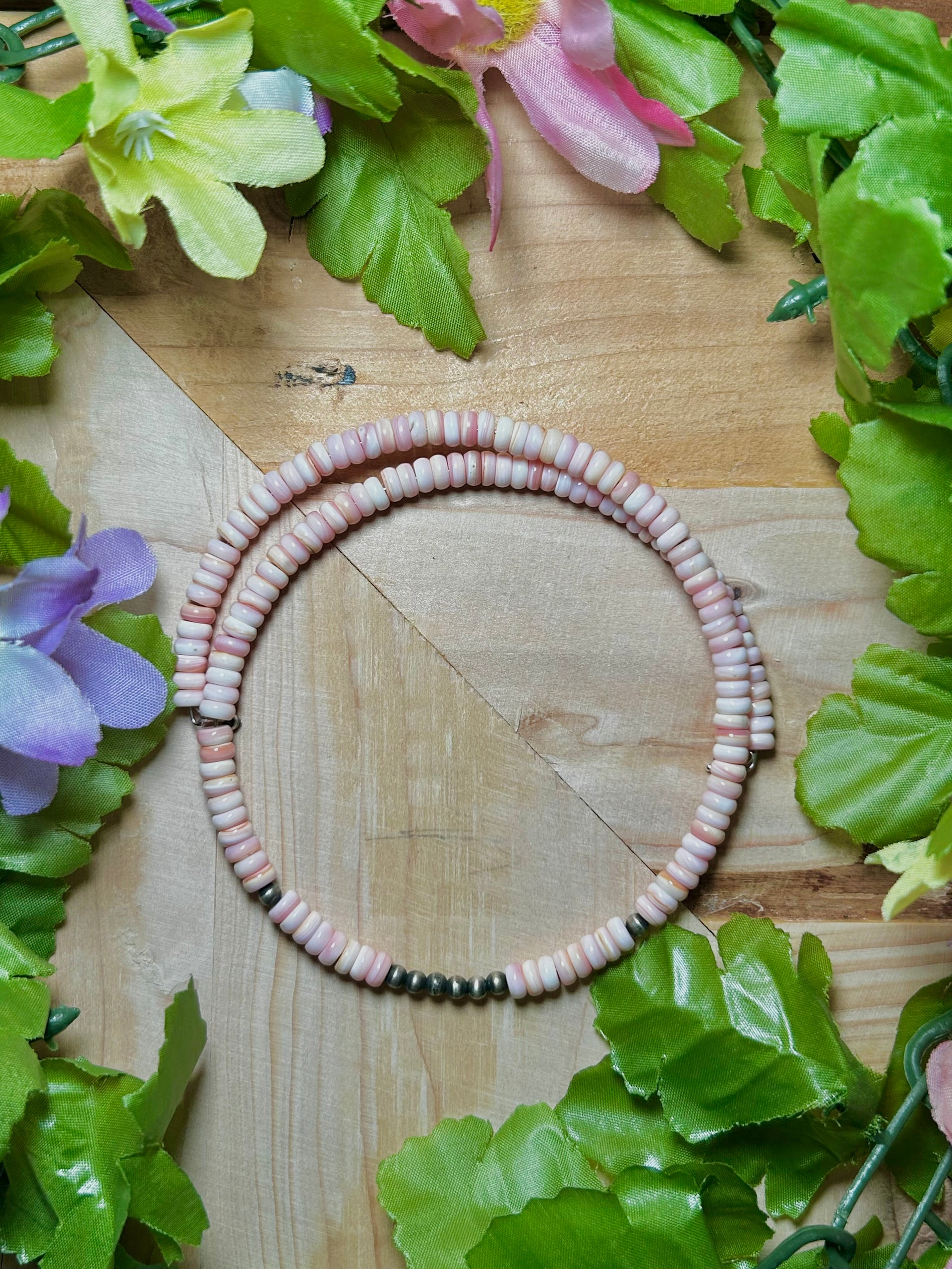 Navajo Made Strung Pink Conch & Sterling Silver Necklace Chocker