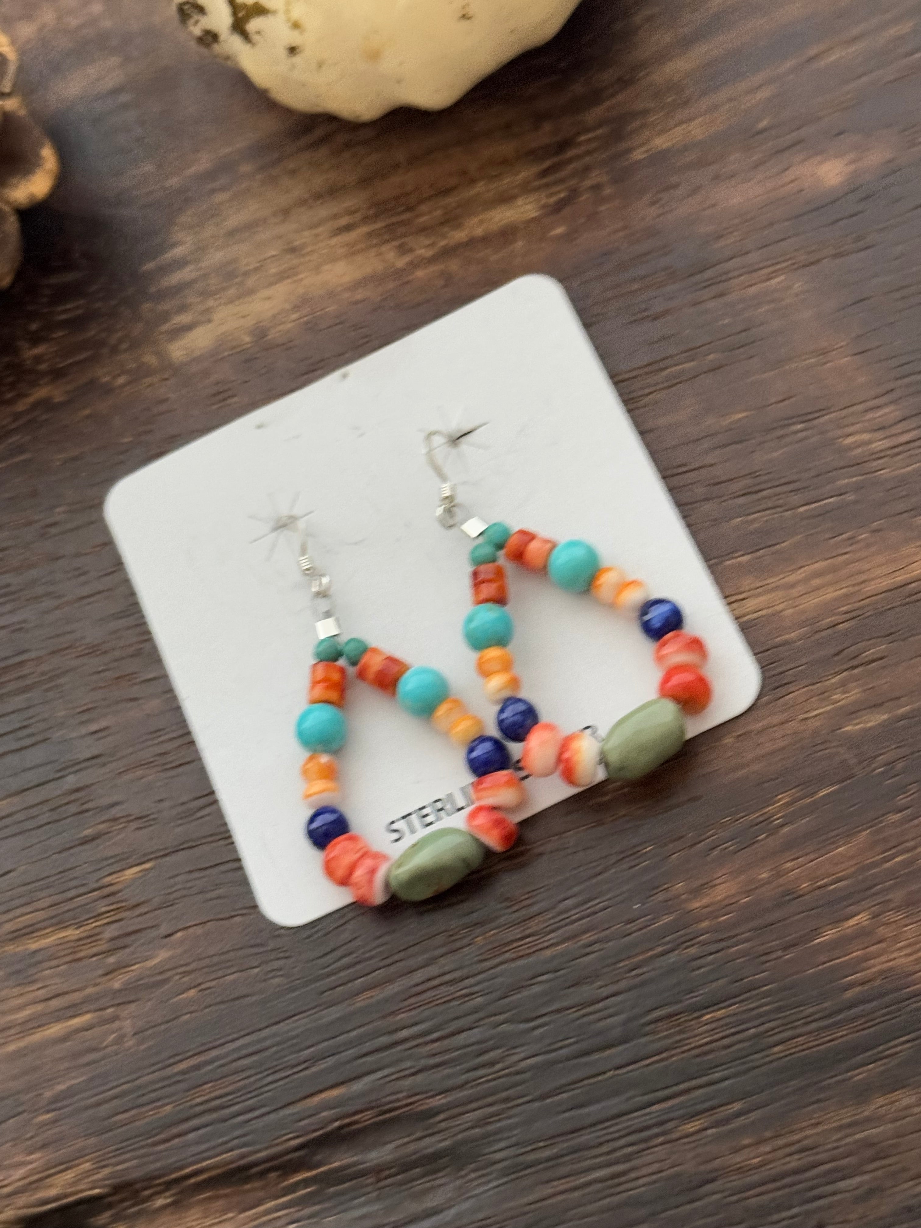 Navajo Made Multi Stone & Sterling Silver Beaded Dangle Earrings