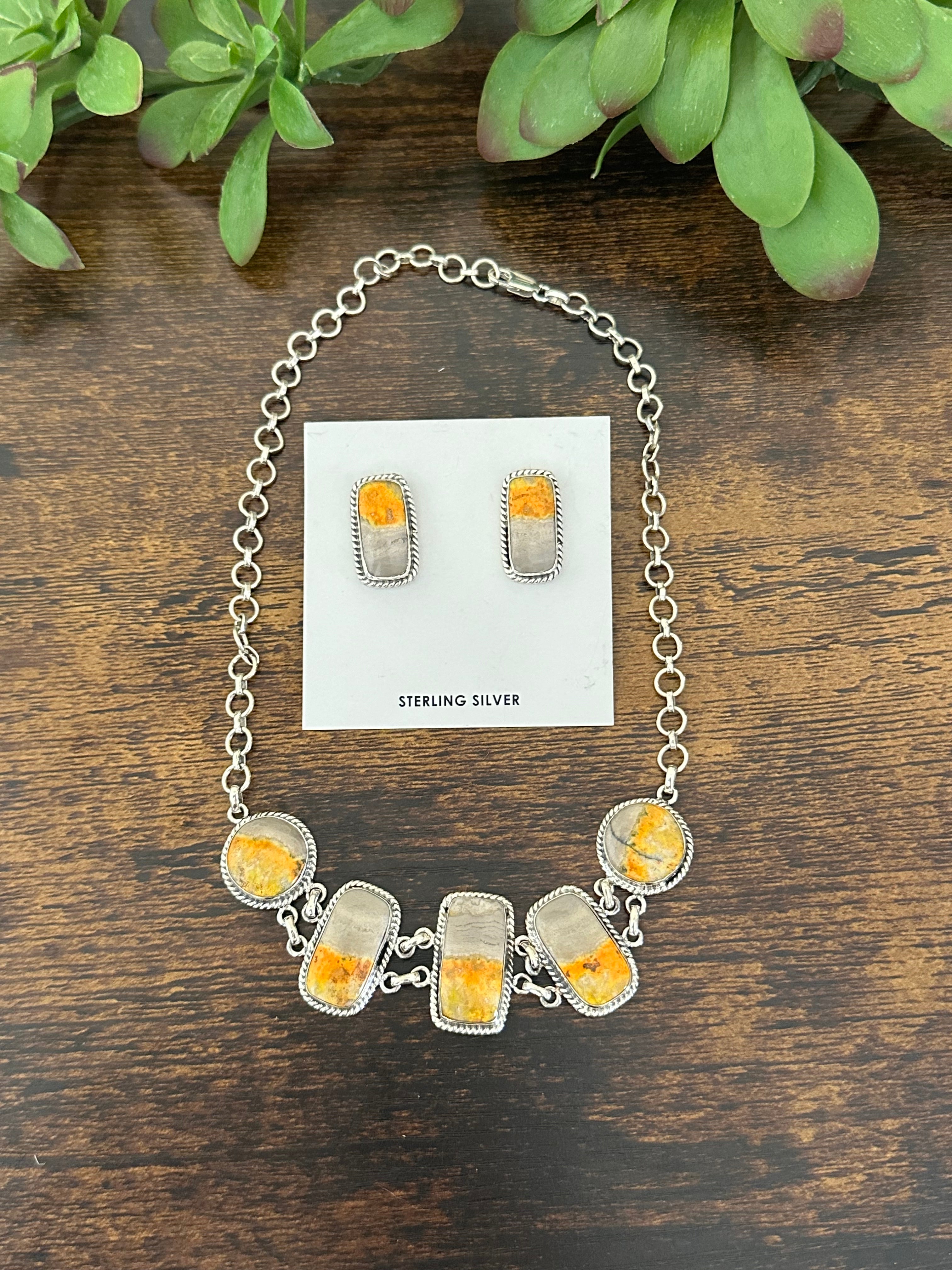 Southwest Made Bumblebee Jasper & Sterling Silver Chocker Necklace Set