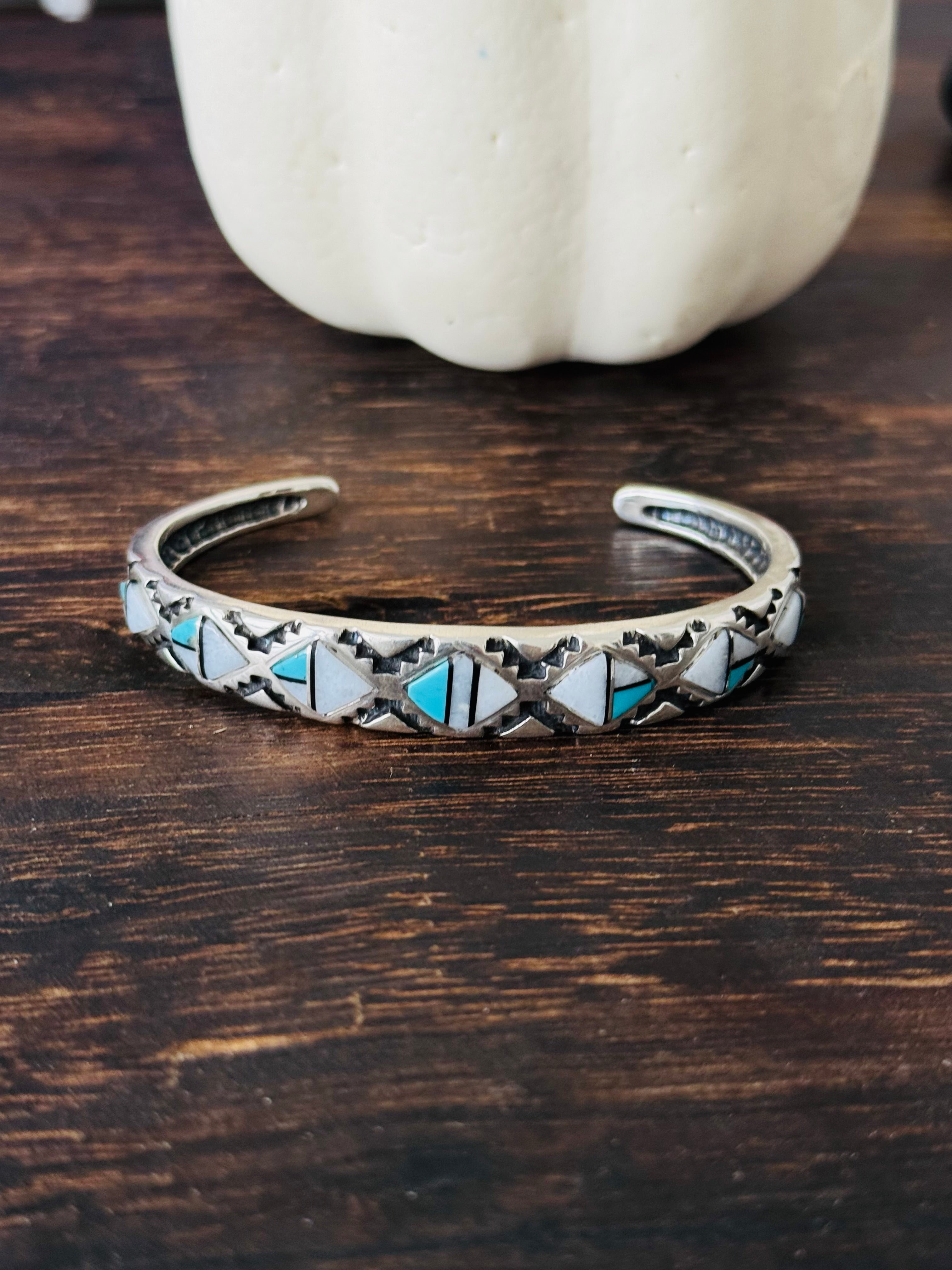 Navajo Made Multi Stone & Sterling Silver Inlay Cuff Bracelet