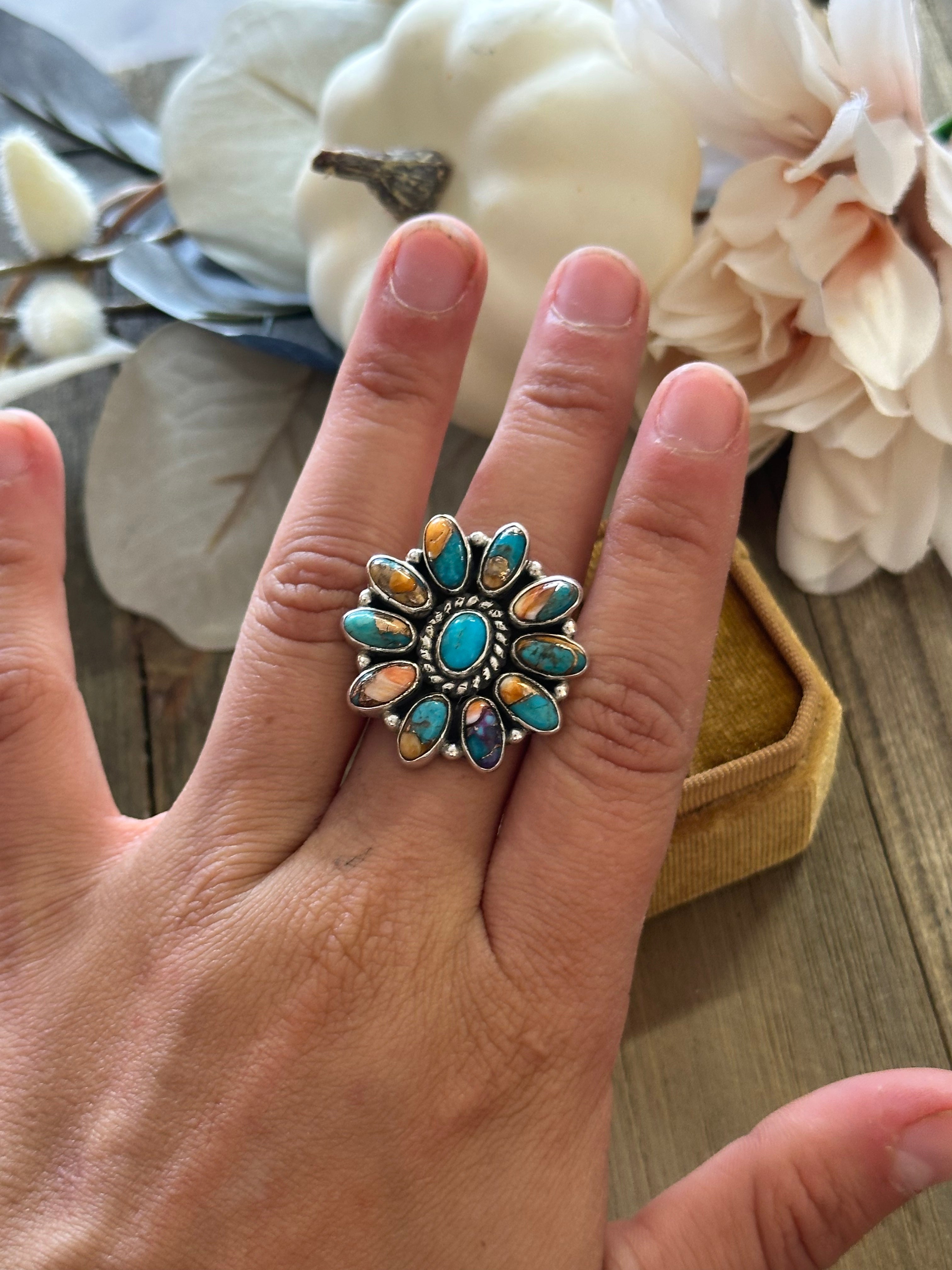 Southwest Handmade Mohave Turquoise & Sterling Silver Adjustable Cluster Ring