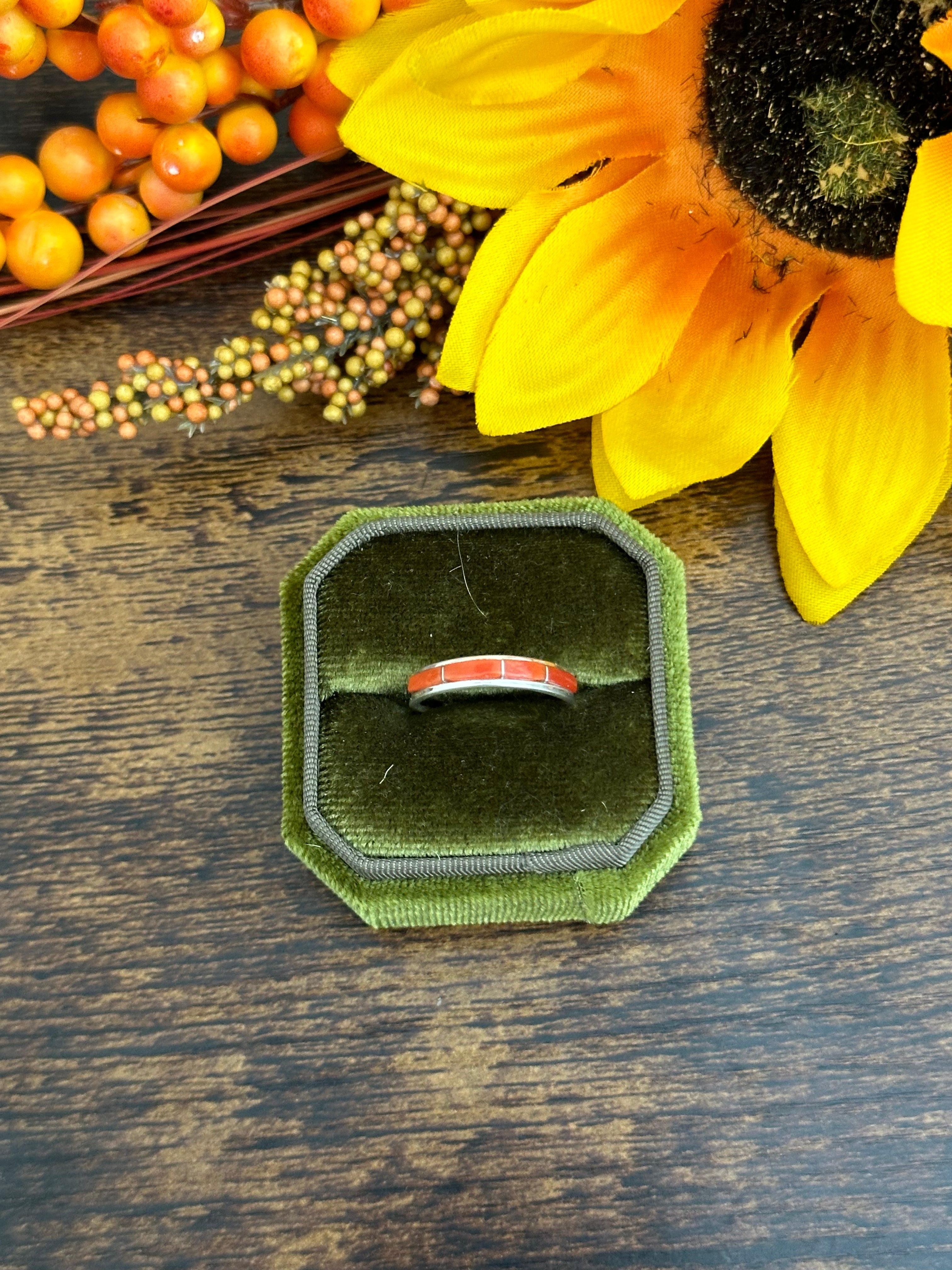 Navajo Made Red Coral & Sterling Silver Ring