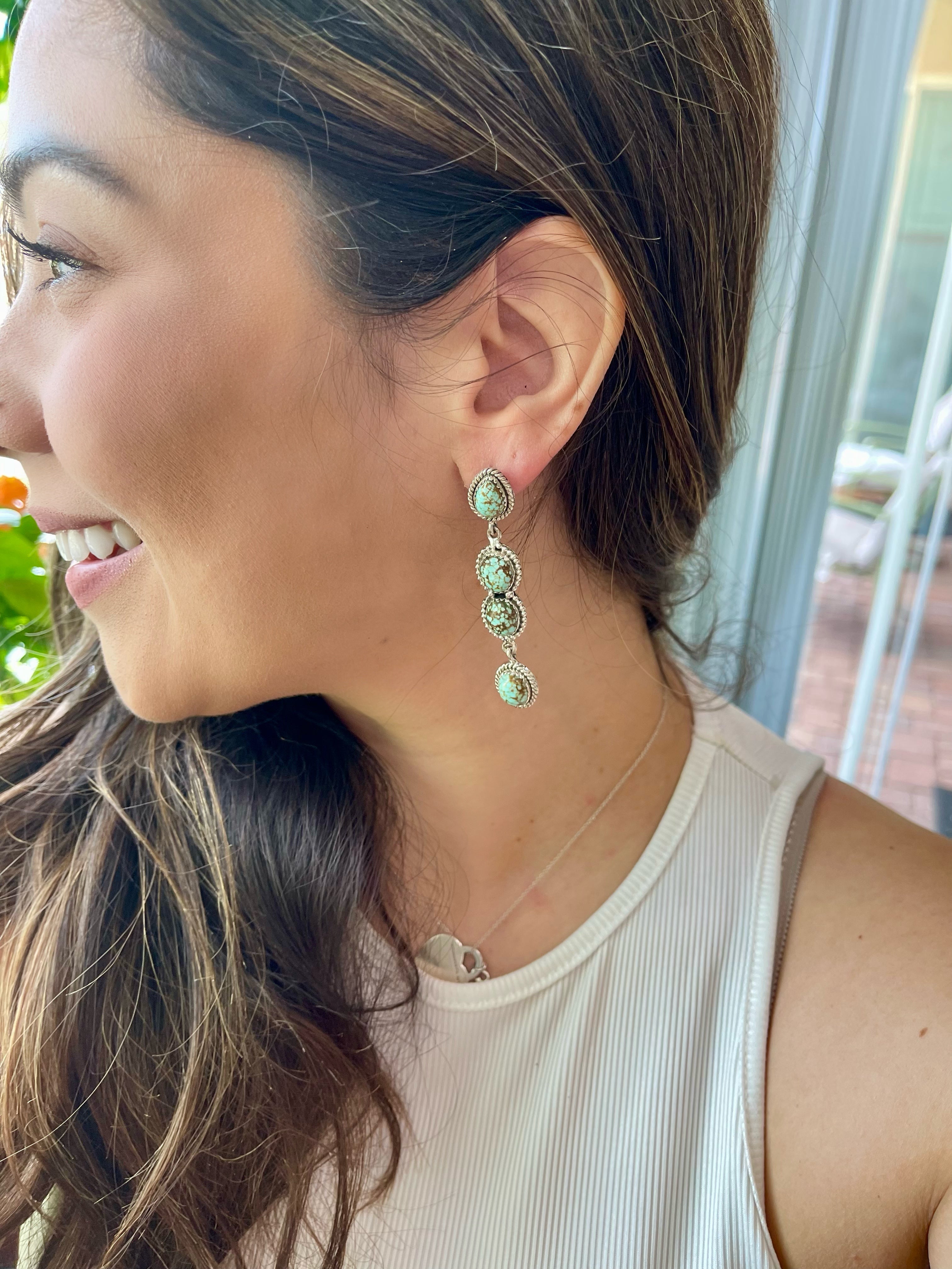 Southwest Handmade Number 8 Turquoise & Sterling Silver Post Dangle Earrings