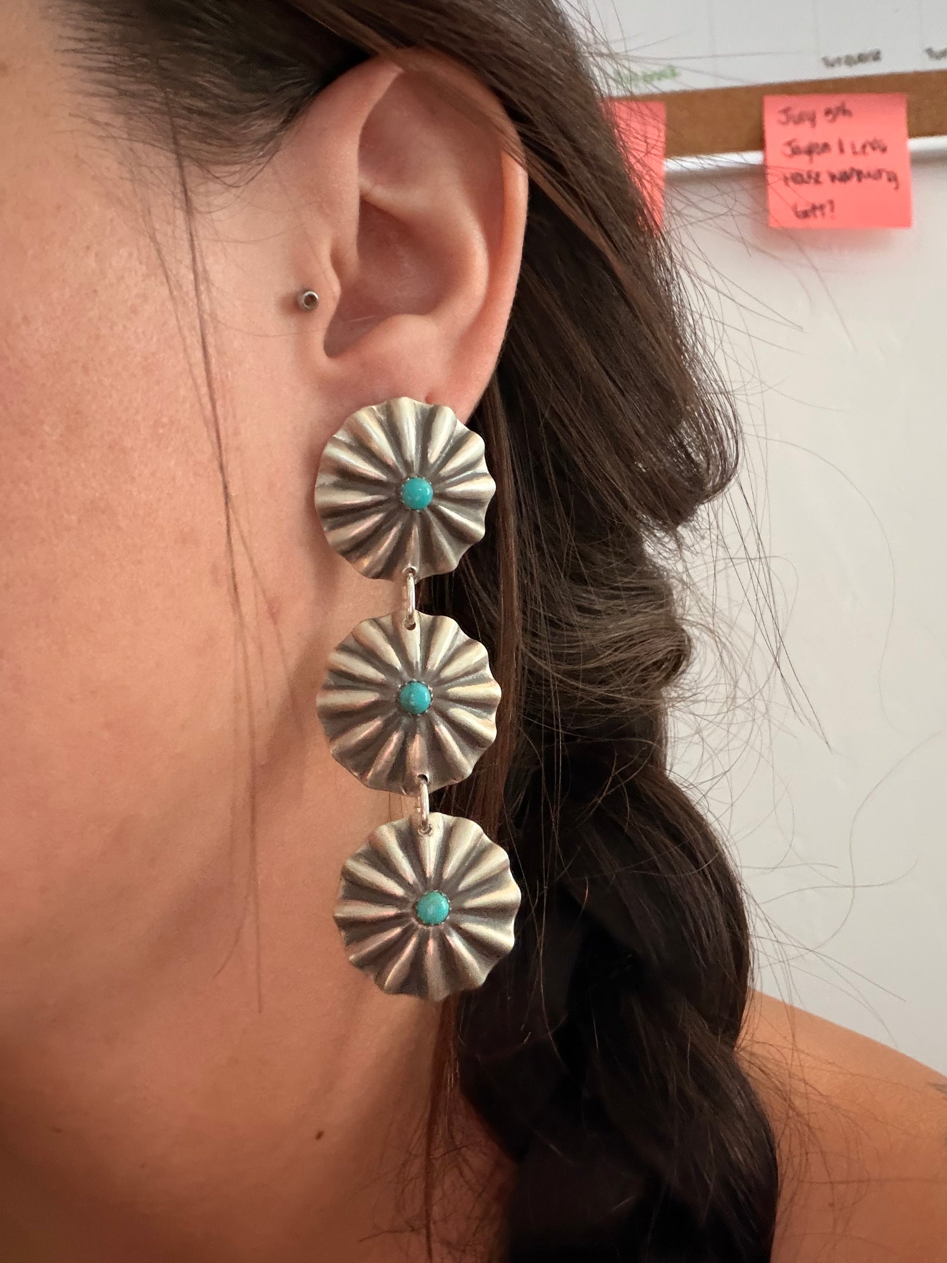 Navajo Made Kingman Turquoise & Sterling Silver Concho Post Dangle Earrings