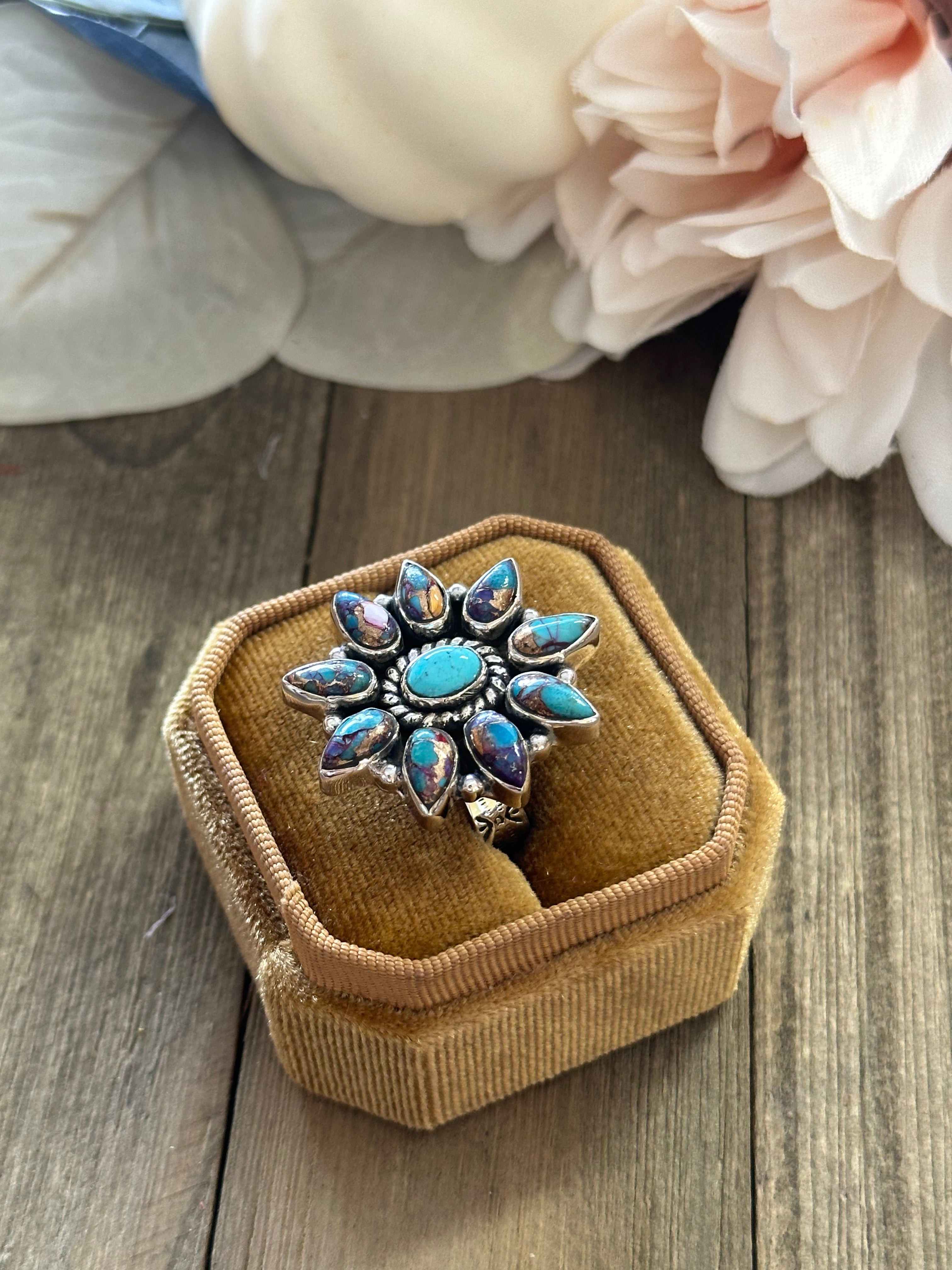 Southwest Handmade Mohave Turquoise & Sterling Silver Adjustable Cluster Ring