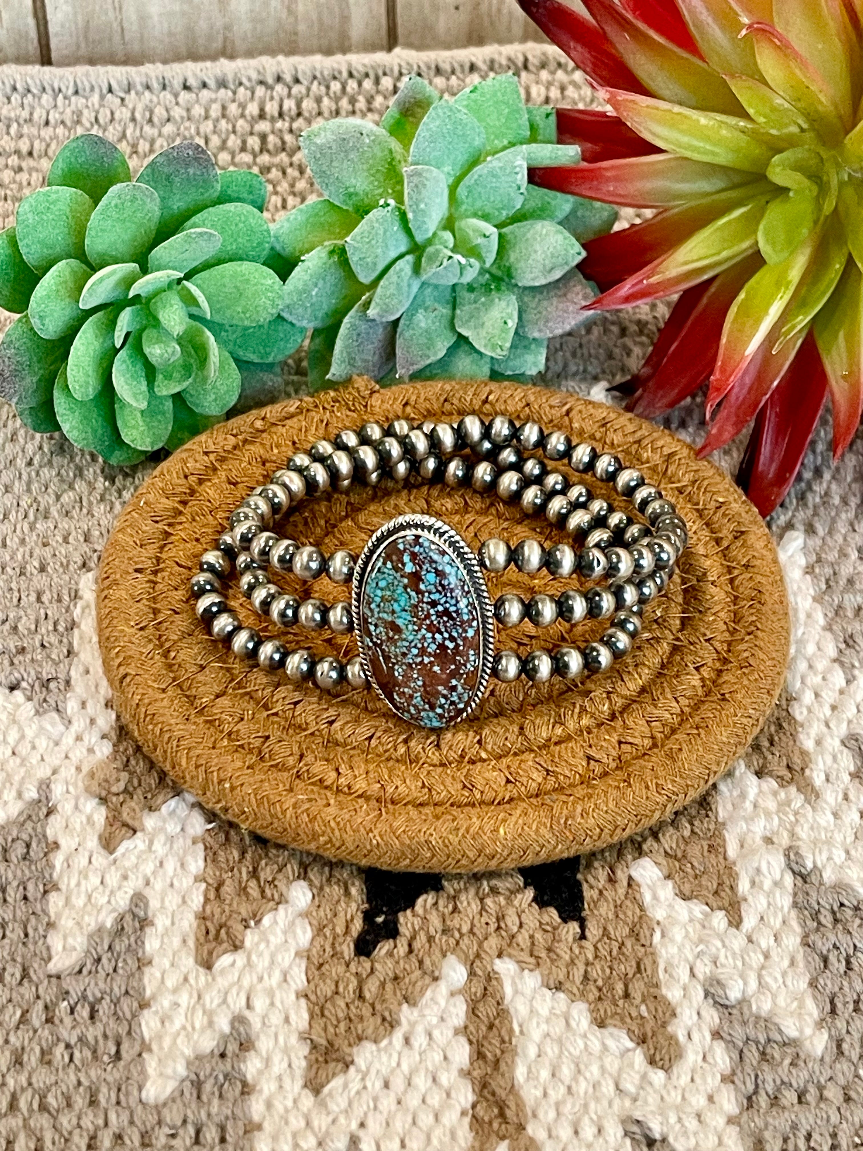 Southwest Handmade Pilot Mountain Turquoise & Sterling Silver 3 Strand Beaded Stretch Bracelet