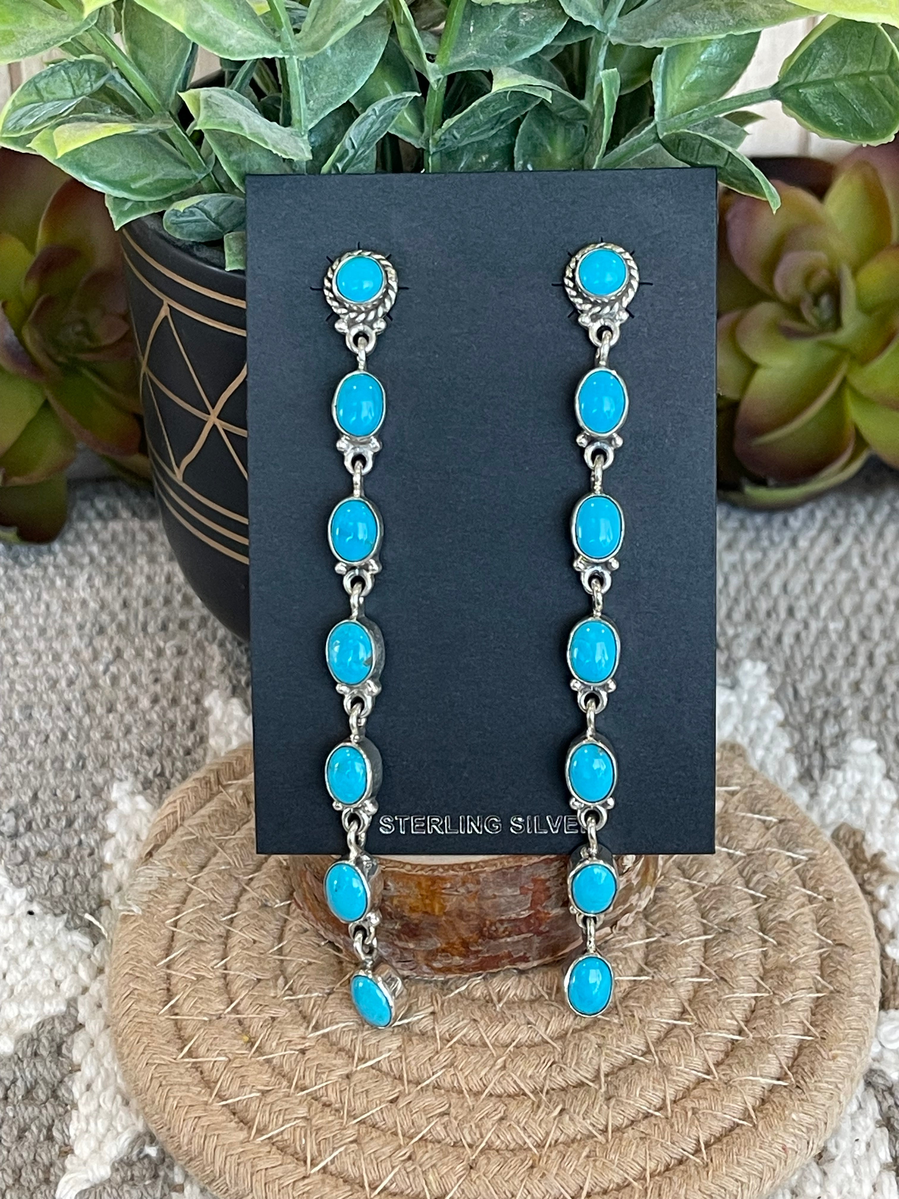 Southwest Handmade Kingman Turquoise & Sterling Silver Post Dangle 7 Stone Earrings