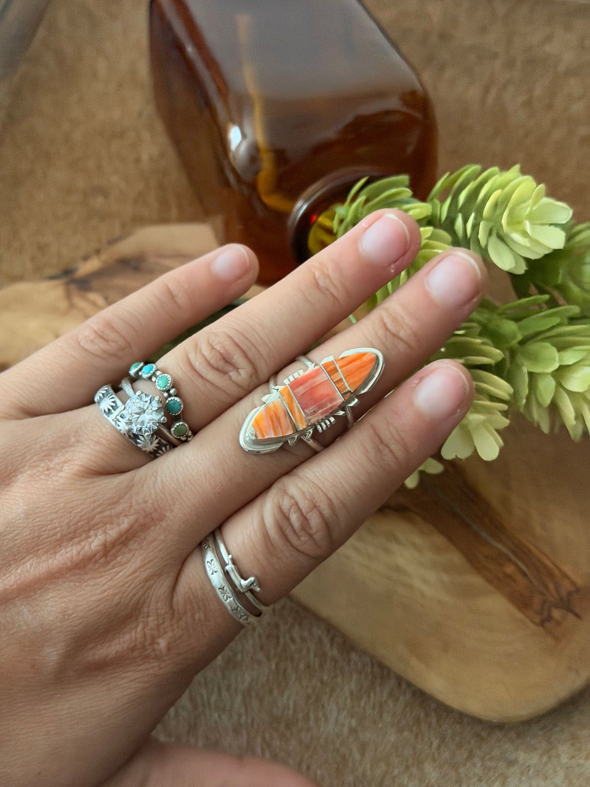 Navajo Made Spiny Oyster & Sterling Silver Inlay Ring Size 8