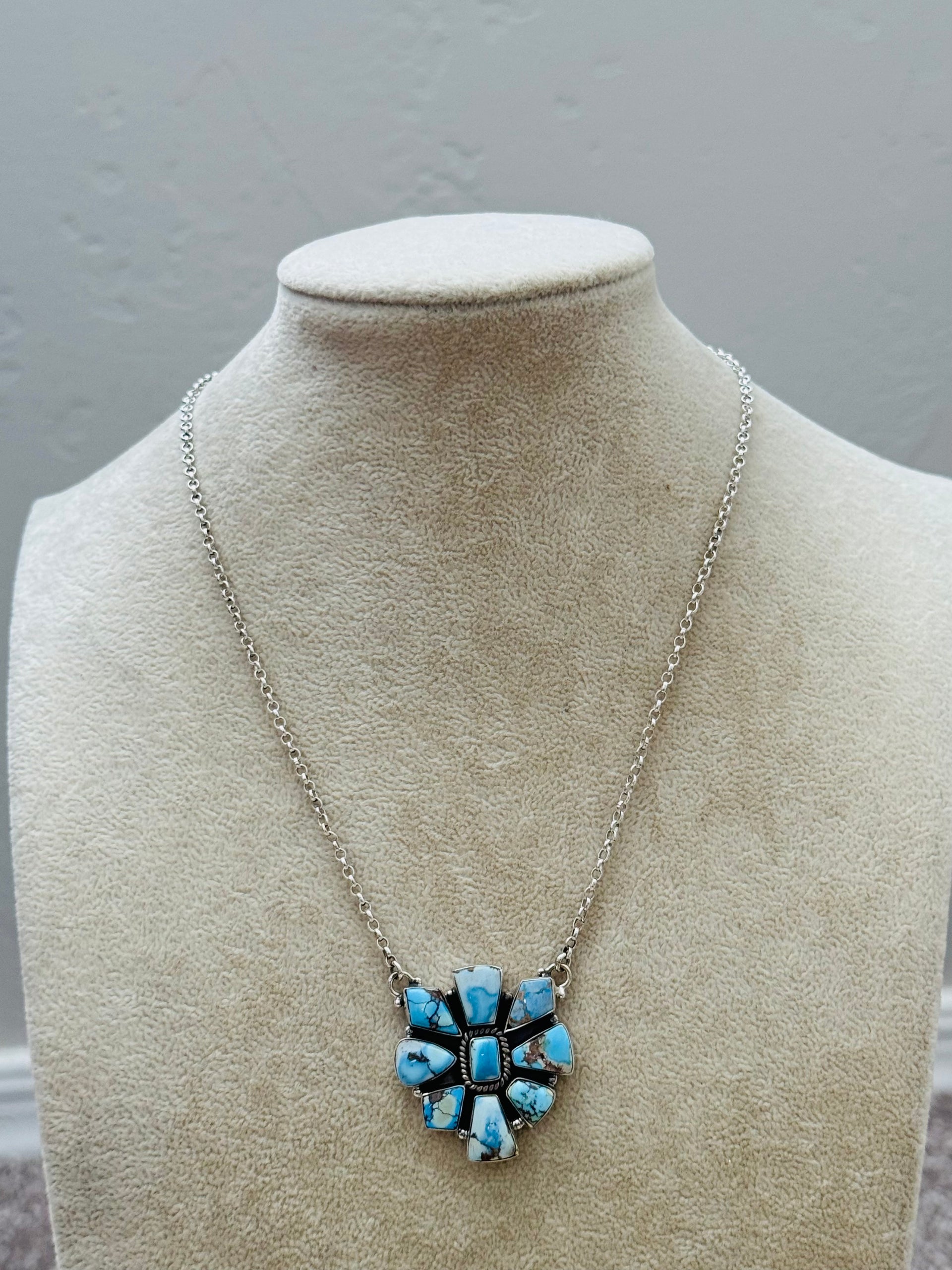 Southwest Handmade Golden Hills Turquoise & Sterling Silver Cluster Necklace