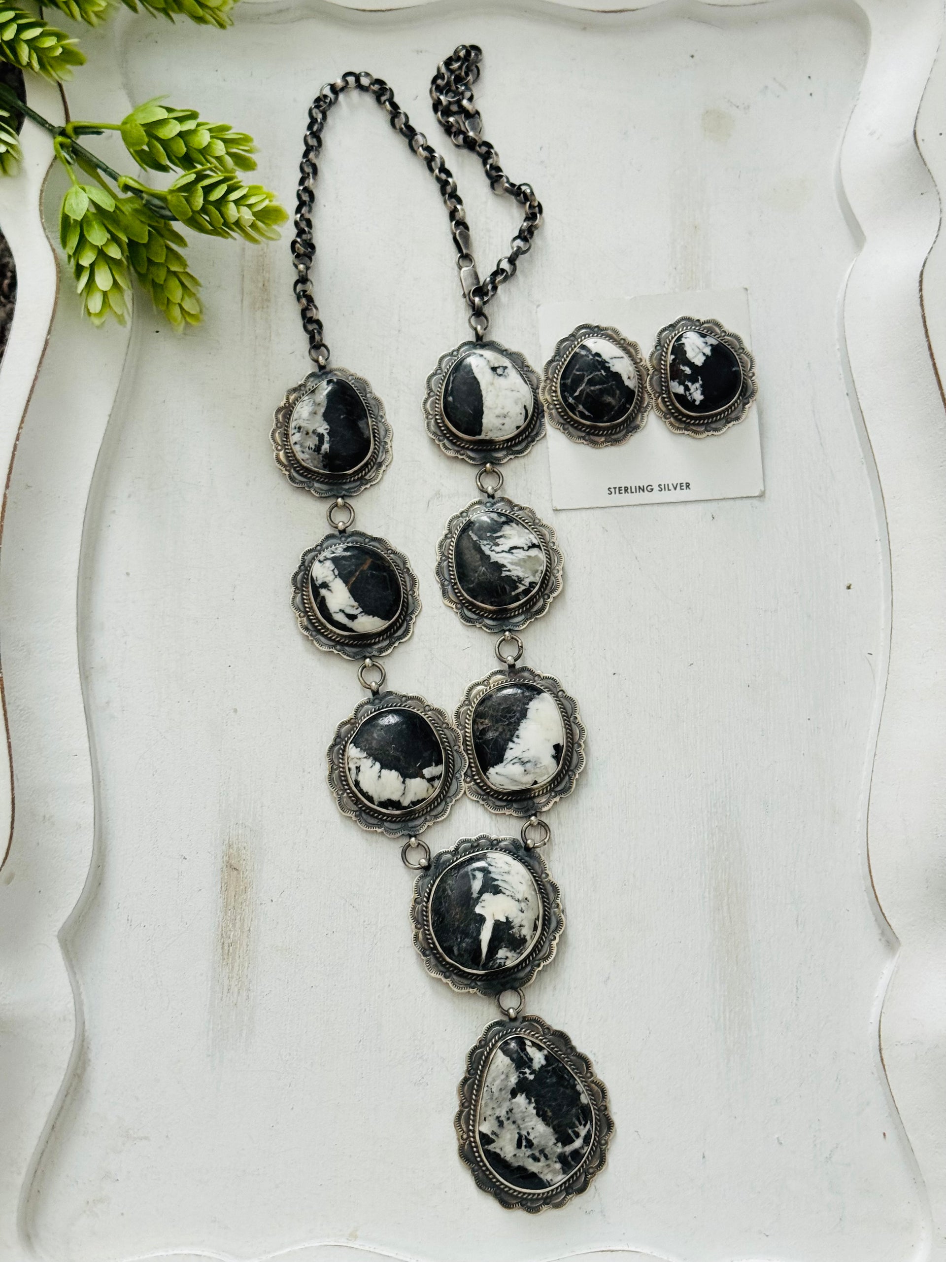 Peggy Skeets White Buffalo & Sterling Silver Lariat Necklace Set