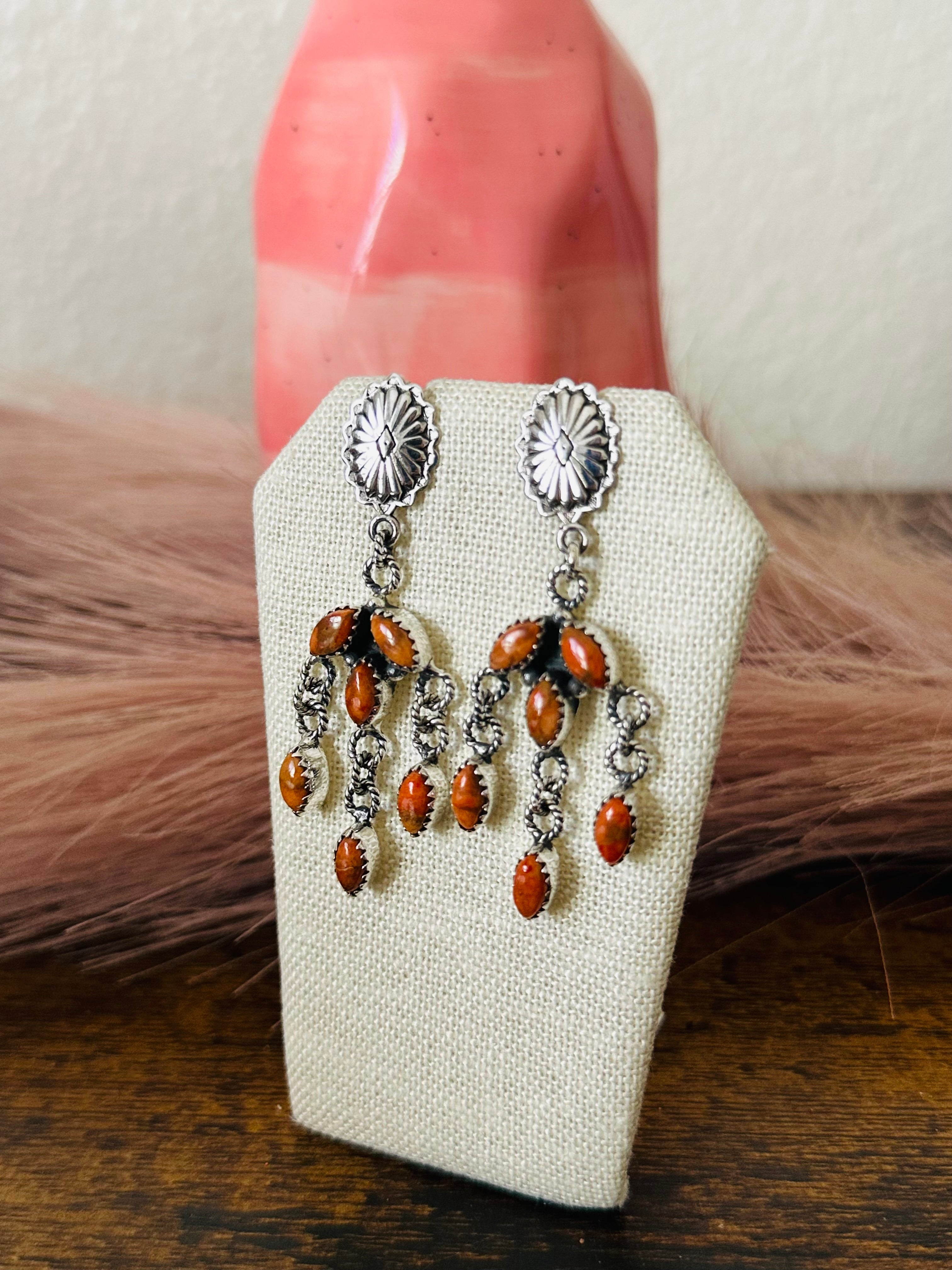 Southwest Handmade Apple Coral & Sterling Silver Post Dangle Earrings