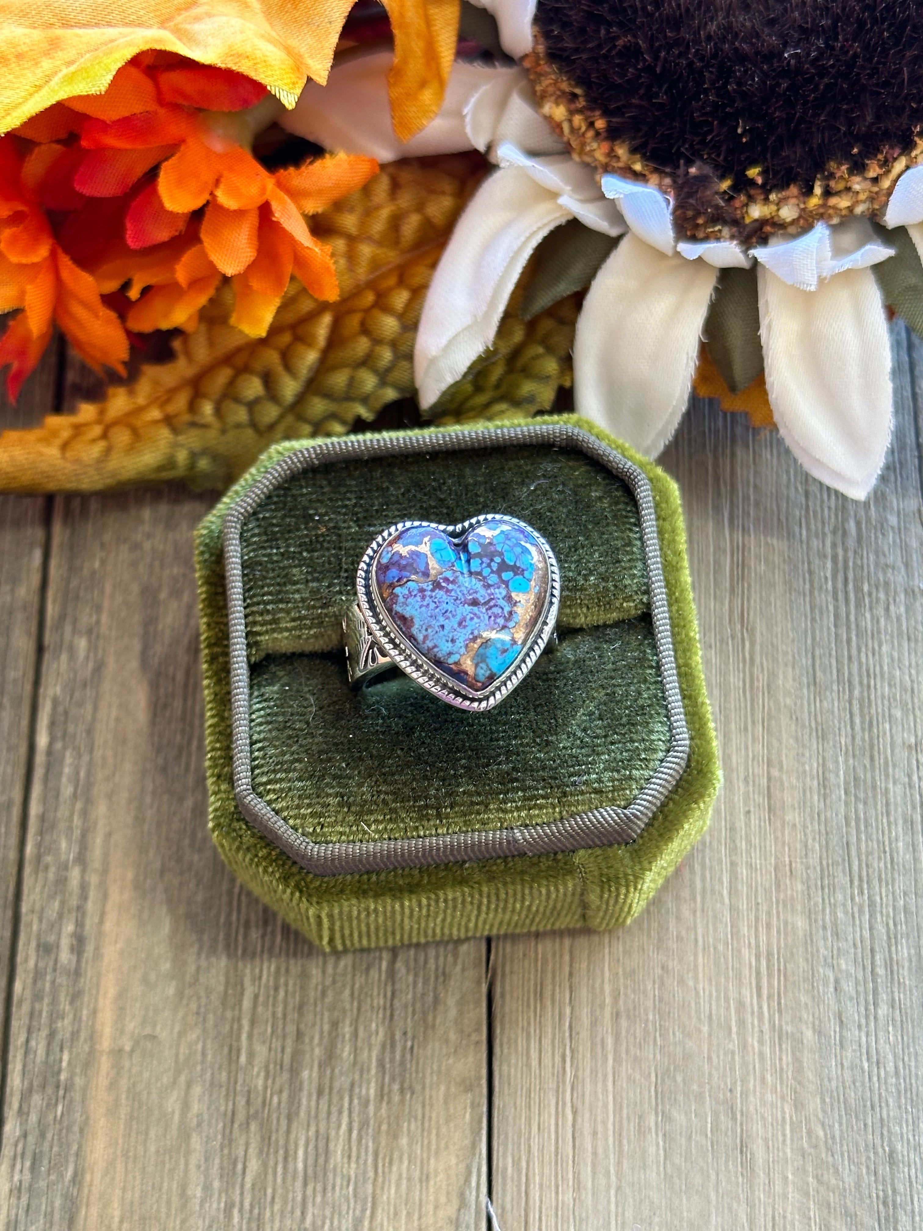 Southwest Handmade Mohave Turquoise & Sterling Silver Adjustable Heart Ring