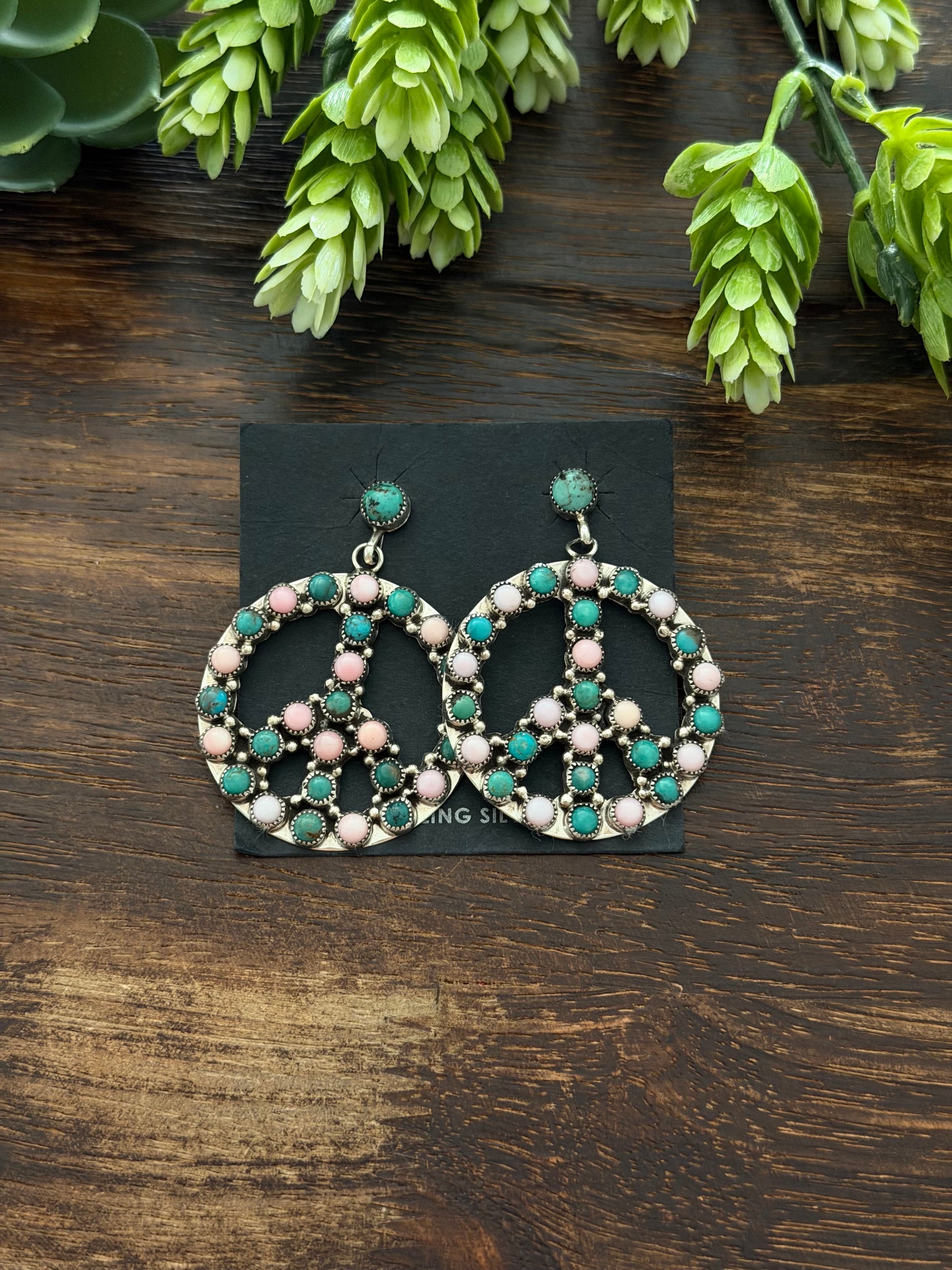 Navajo Made Multi Stone & Sterling Silver Post Dangle Peace Sign Cluster Earrings