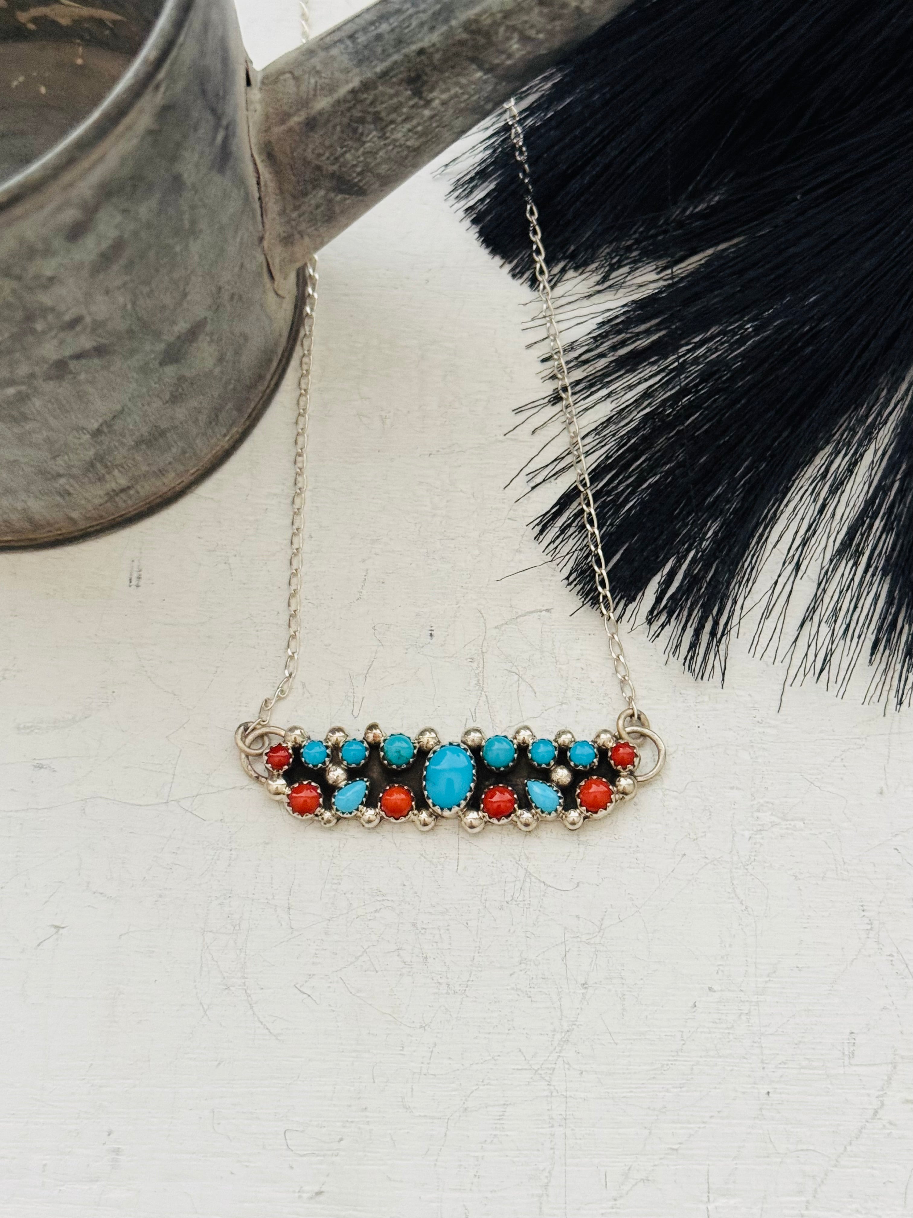 Navajo Made Multi Stone & Sterling Silver Bar Necklace