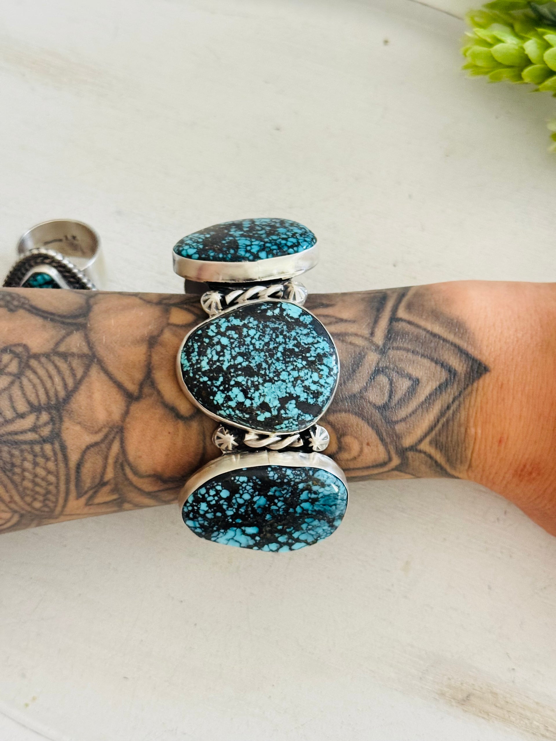 Larry Kaye Egyptian Turquoise & Sterling Silver Cuff Bracelet & Ring Set