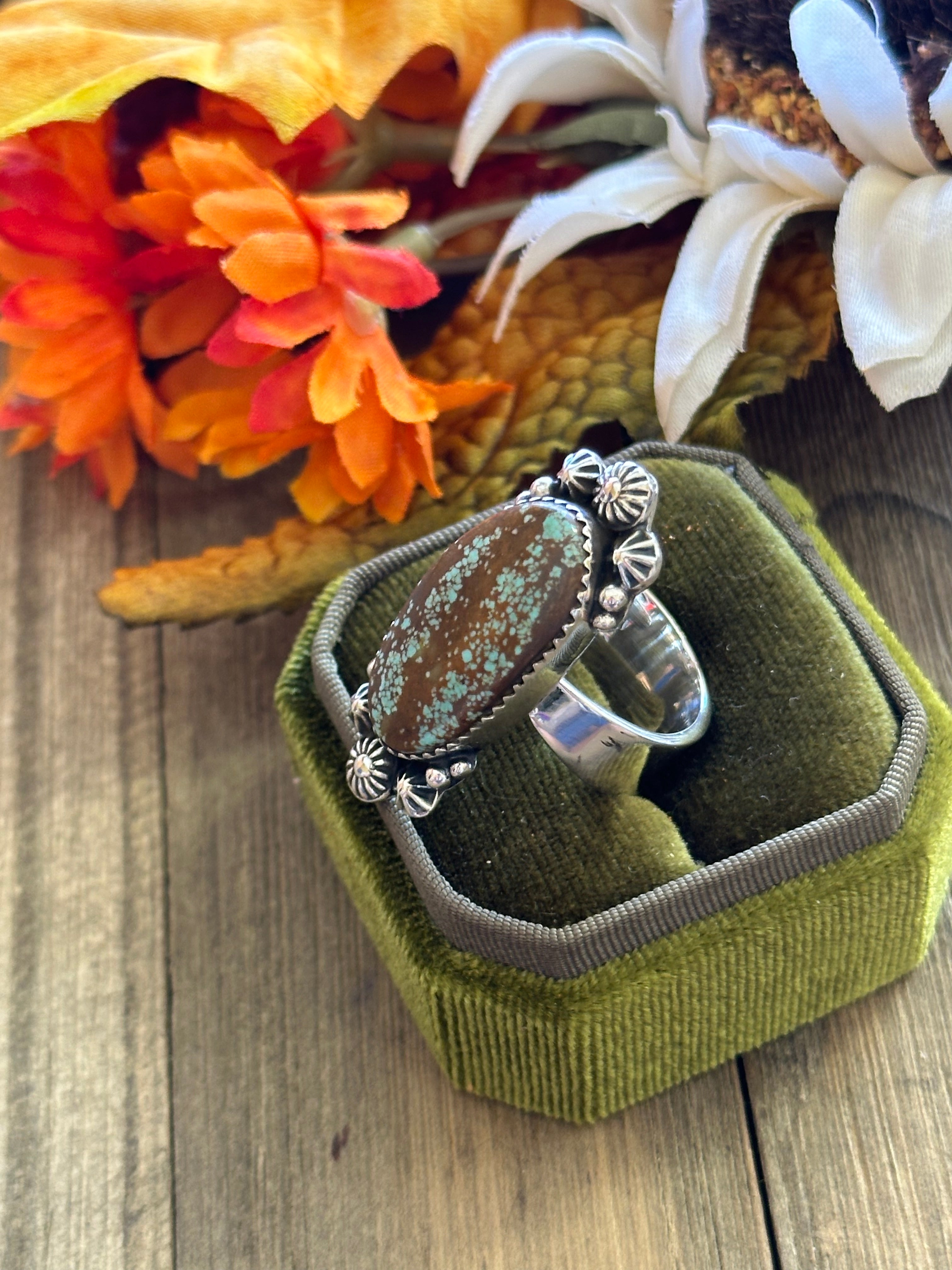 Southwest Handmade #8 Turquoise & Sterling Silver Adjustable Ring