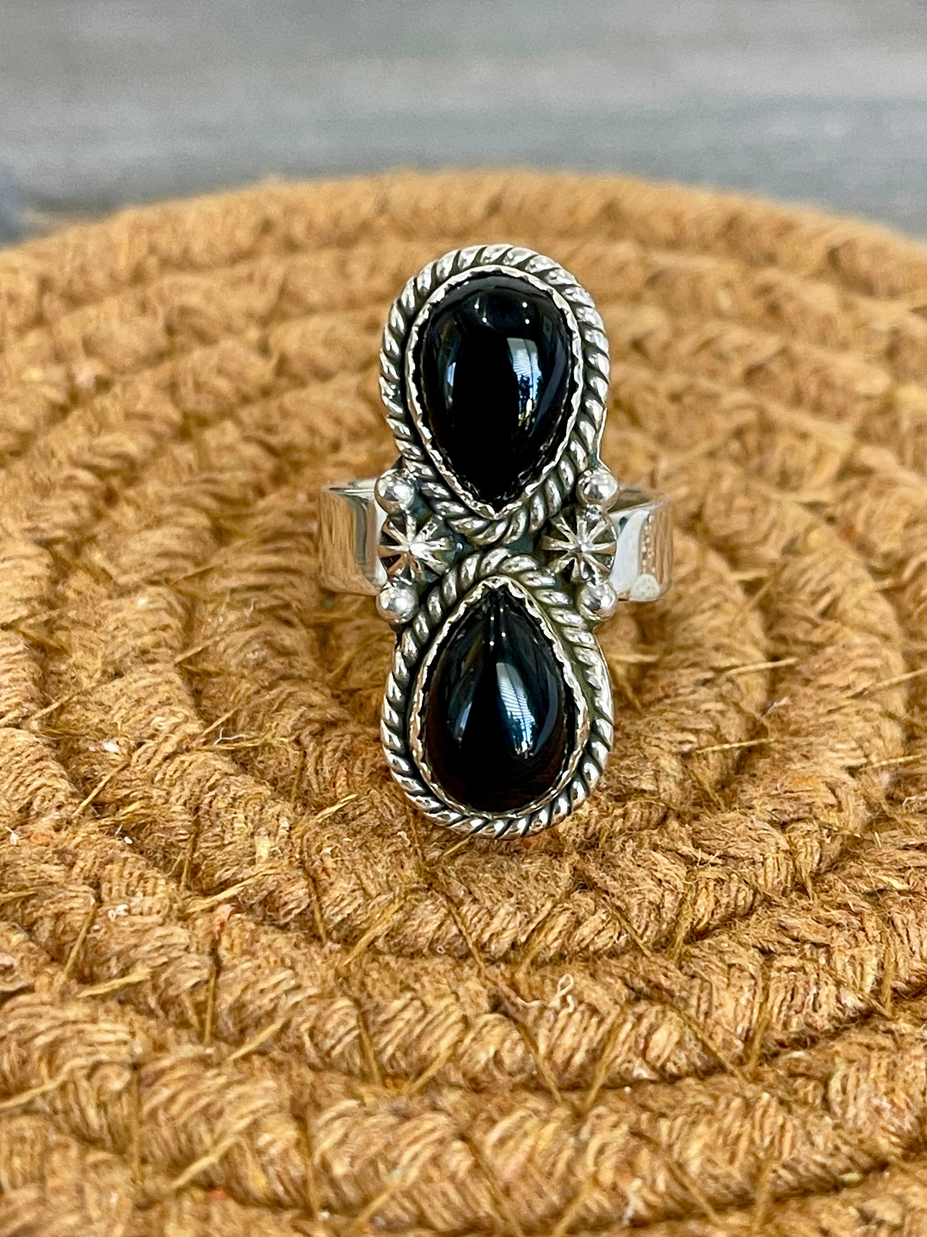 Southwest Handmade Black Onyx & Sterling Silver Adjustable Ring