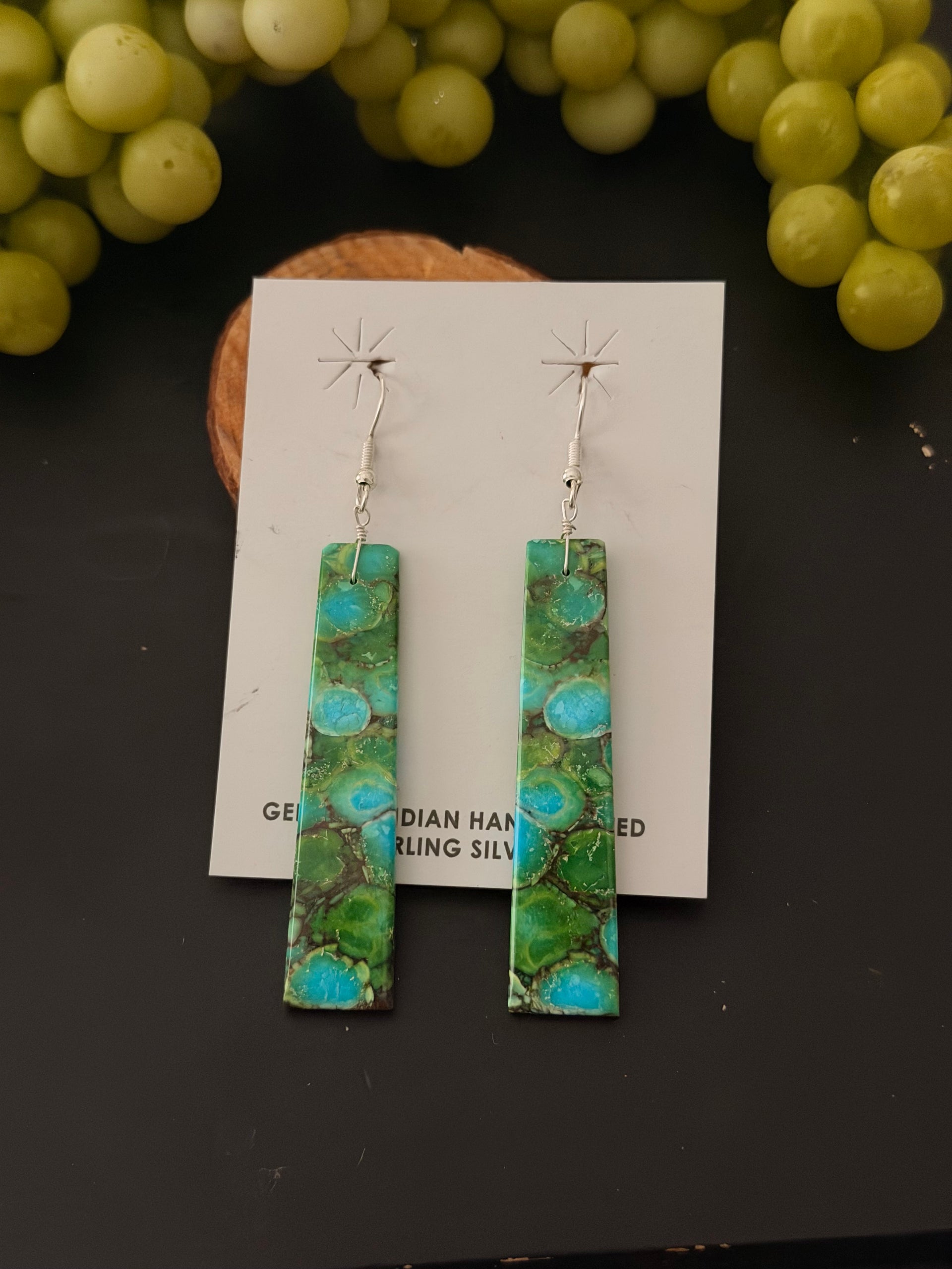 Navajo Made Green Mohave Turquoise & Sterling Silver Slab Dangle Earrings