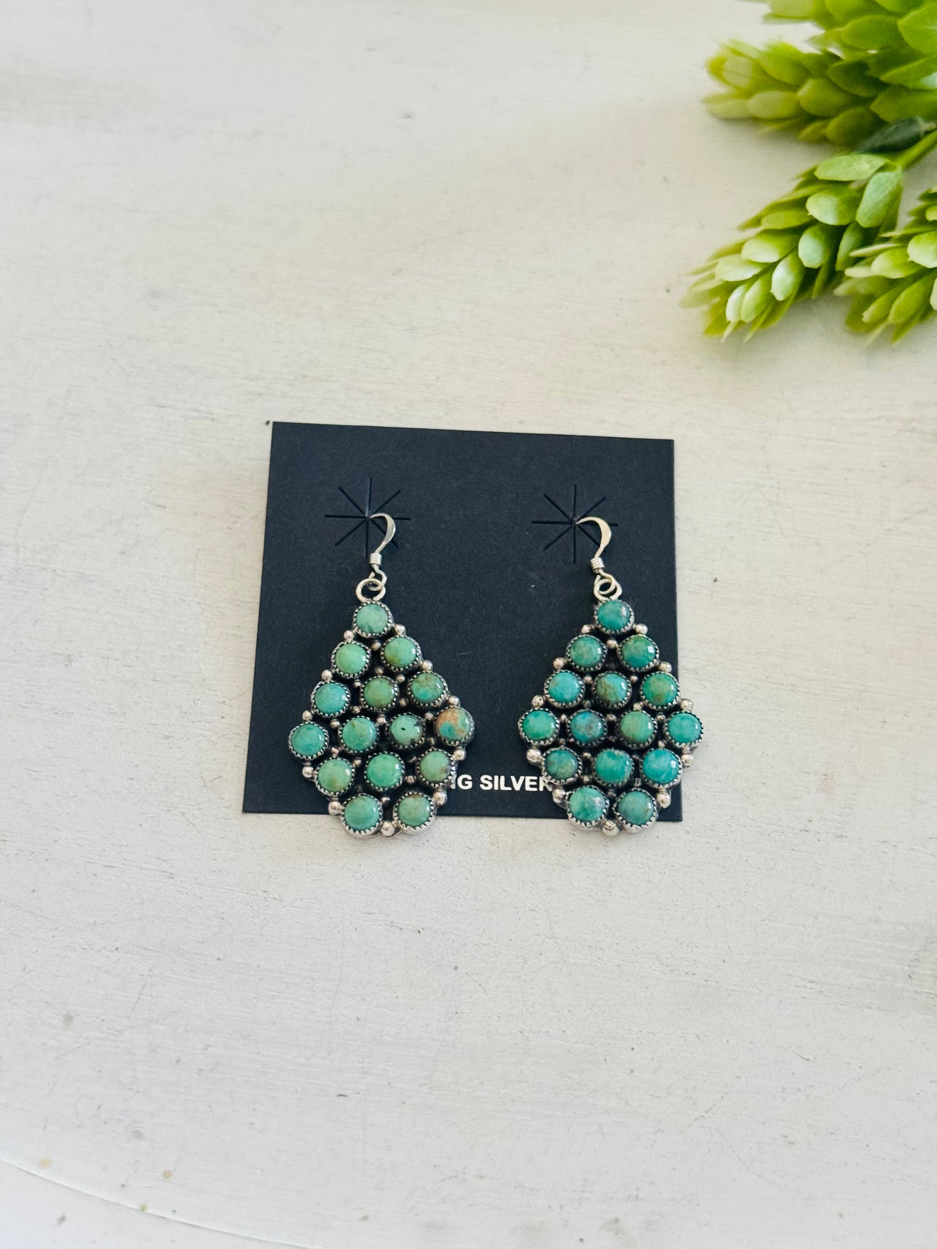 Annie Spencer Kingman Turquoise & Sterling Silver Cluster Dangle Earrings