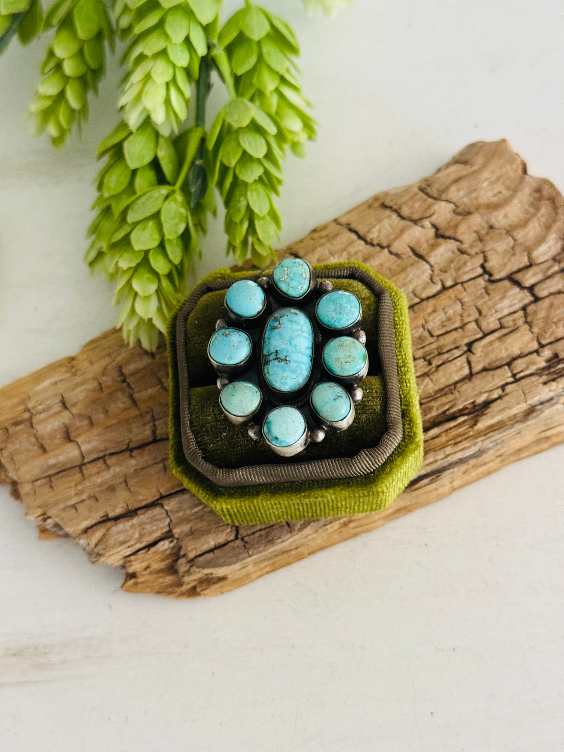 Navajo Made White Water Turquoise & Sterling Silver Cluster Ring Size 8