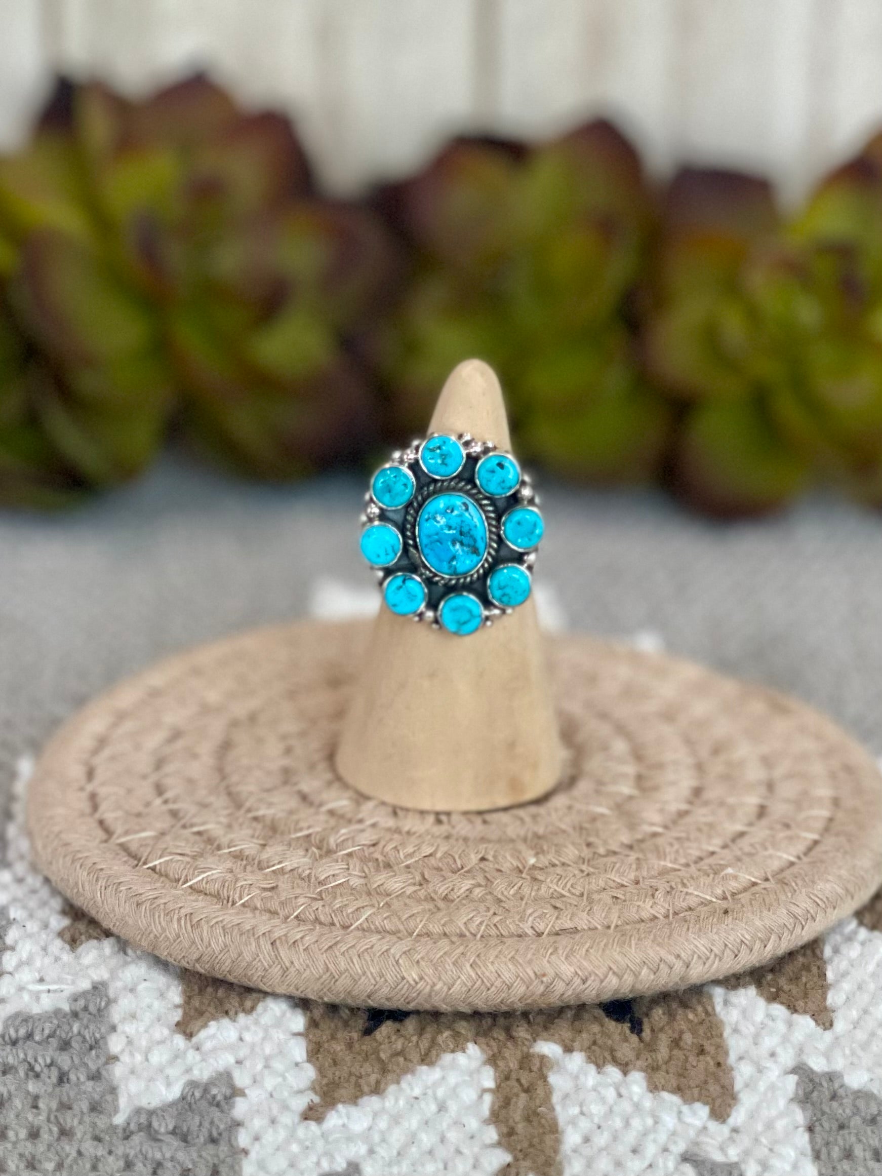 Southwest Handmade Kingman Turquoise & Sterling Silver Size 6.5 Cluster Flower Ring