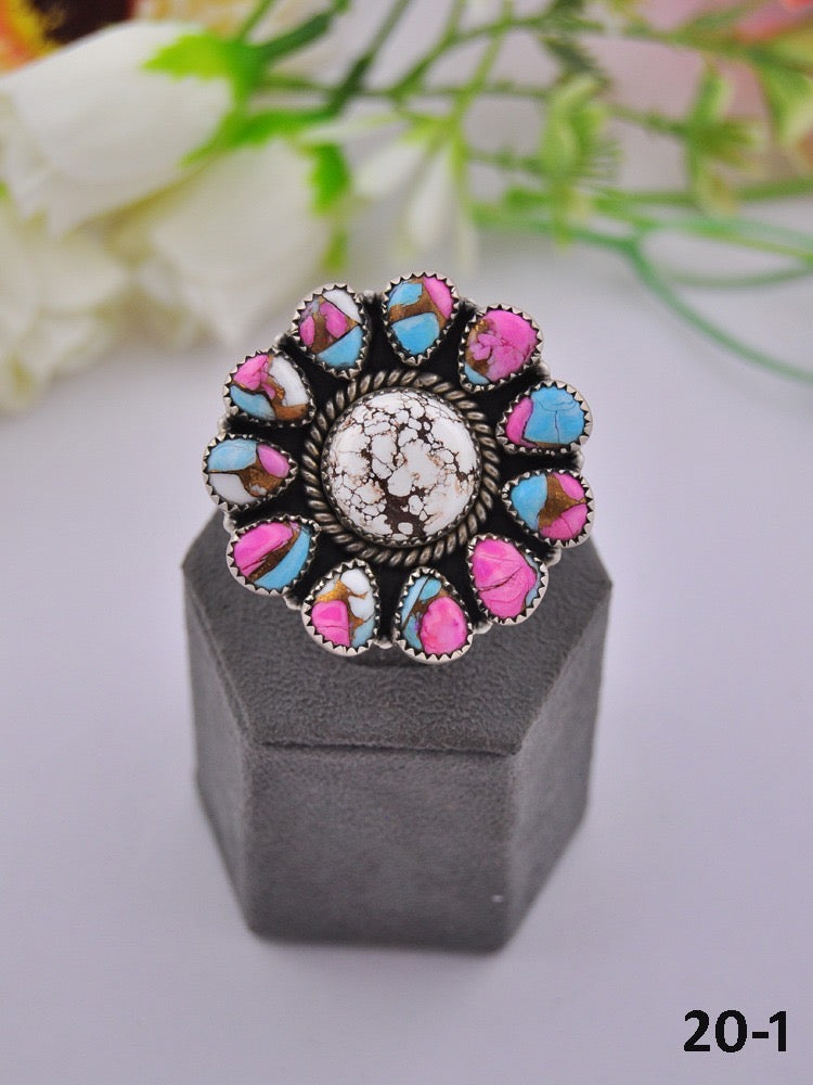 Southwest Made Multi Stone & Sterling Sliver Cluster Adjustable Ring