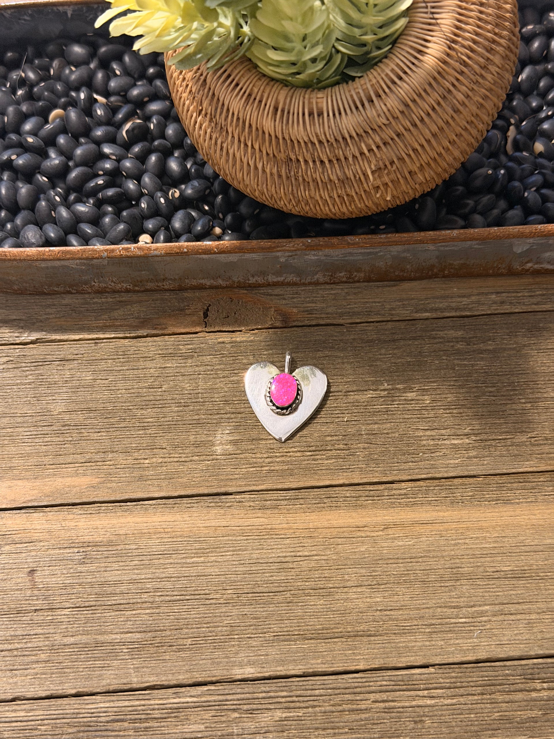 Joe Martinez Pink Opal (Man Made) & Sterling Silver Heart Pendant