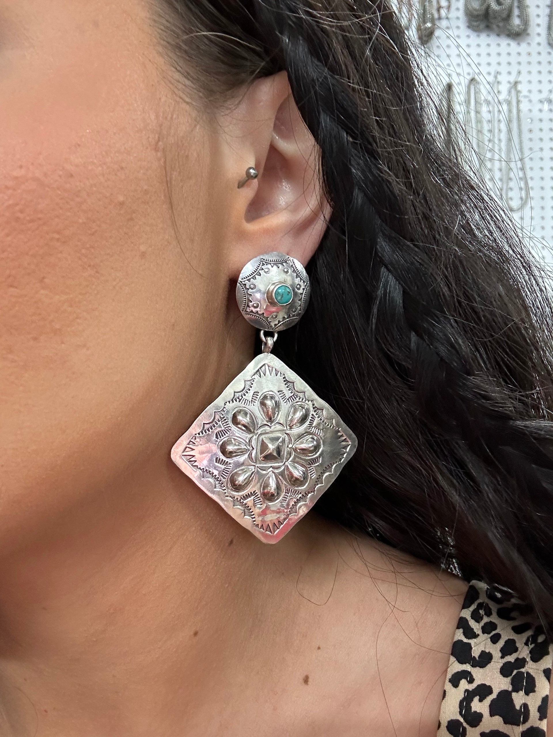 Navajo Made Kingman Turquoise & Sterling Silver Post Dangle Concho Earrings