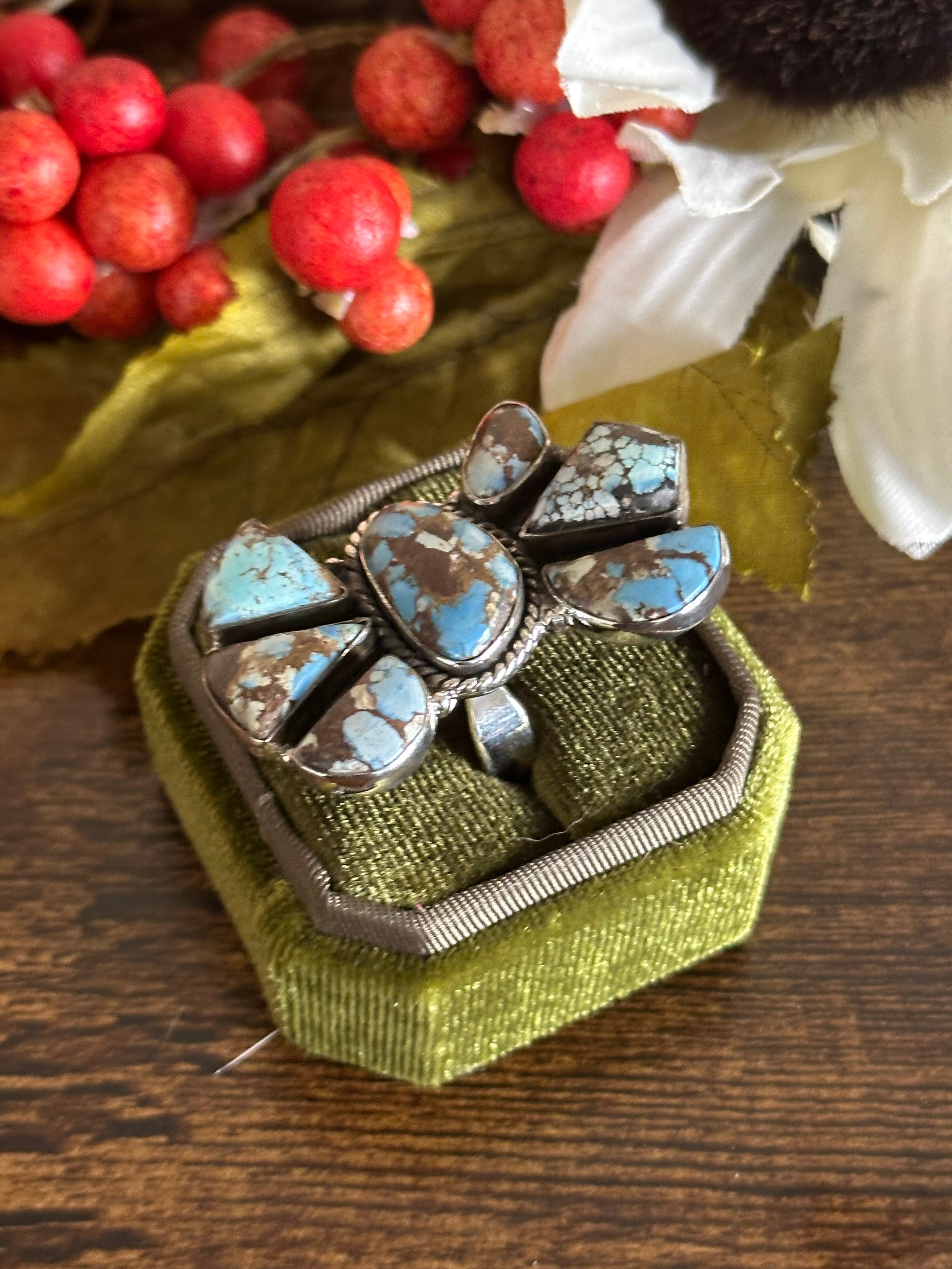 Southwest Handmade Golden Hill’s Turquoise & Sterling Silver Adjustable Cluster Ring