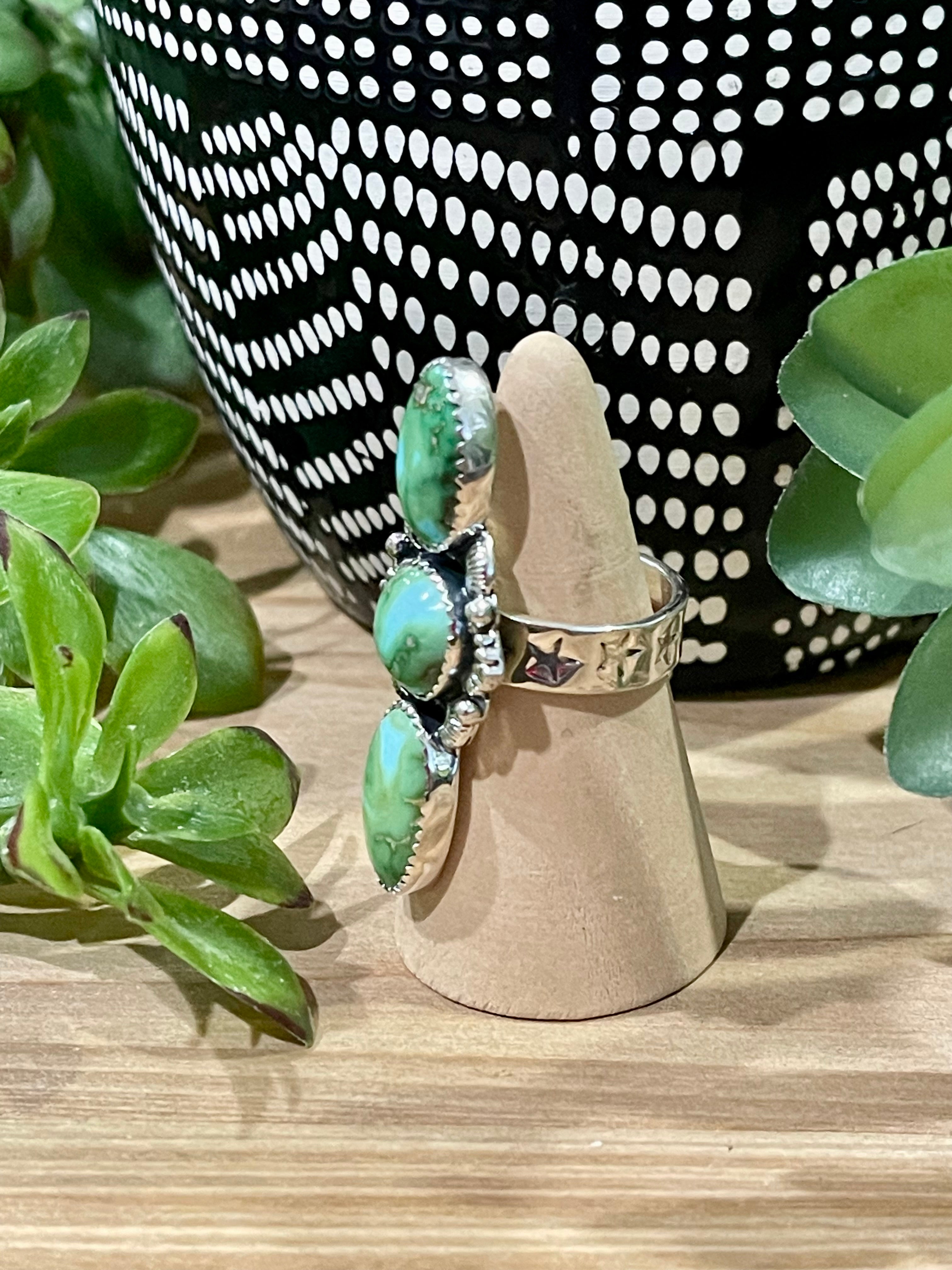 Southwest Handmade Sonoran Mountain Turquoise & Sterling Silver 3 Stone Adjustable Ring