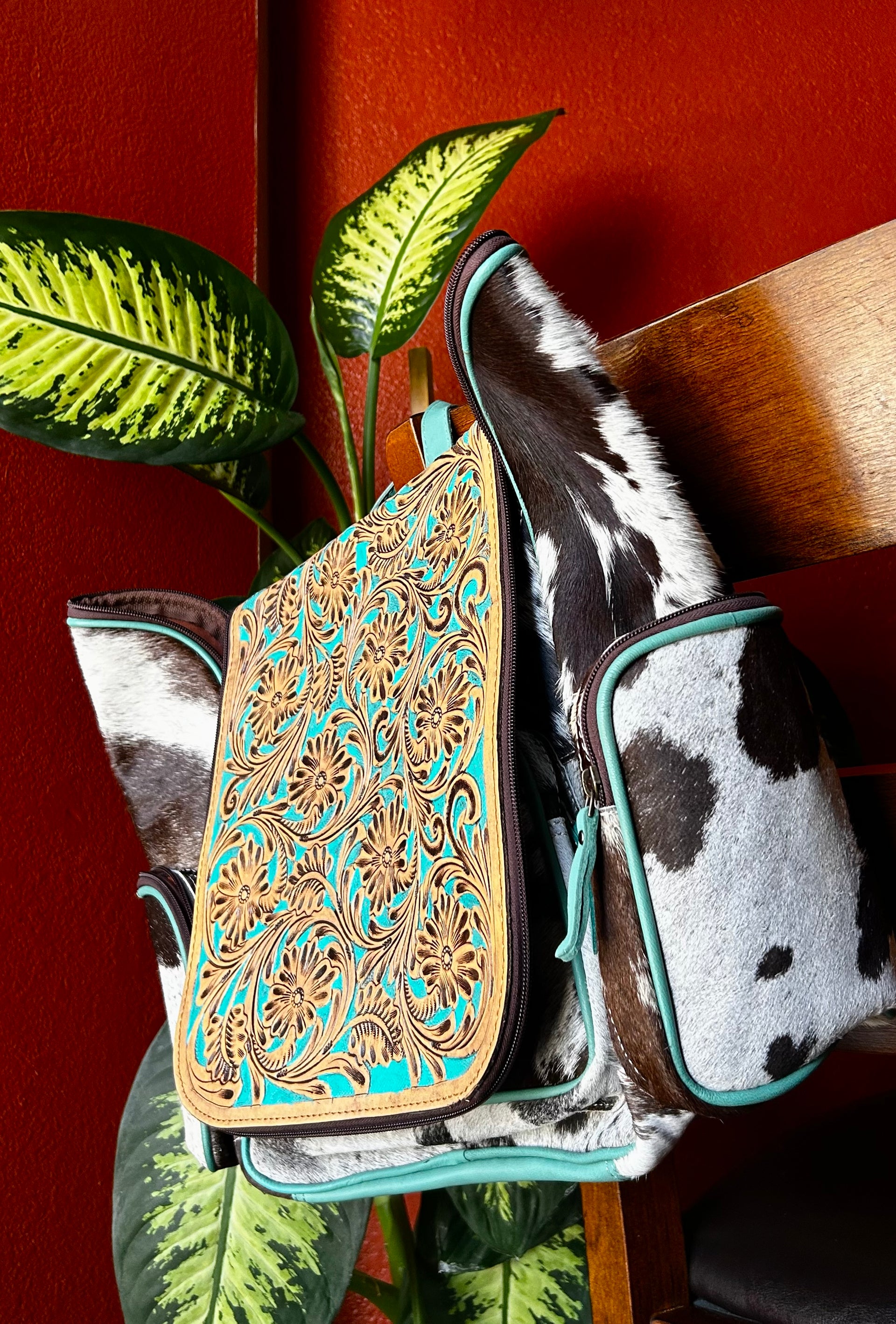 Genuine Cowhide & Flower Leather Back Pack/Diaper Bag