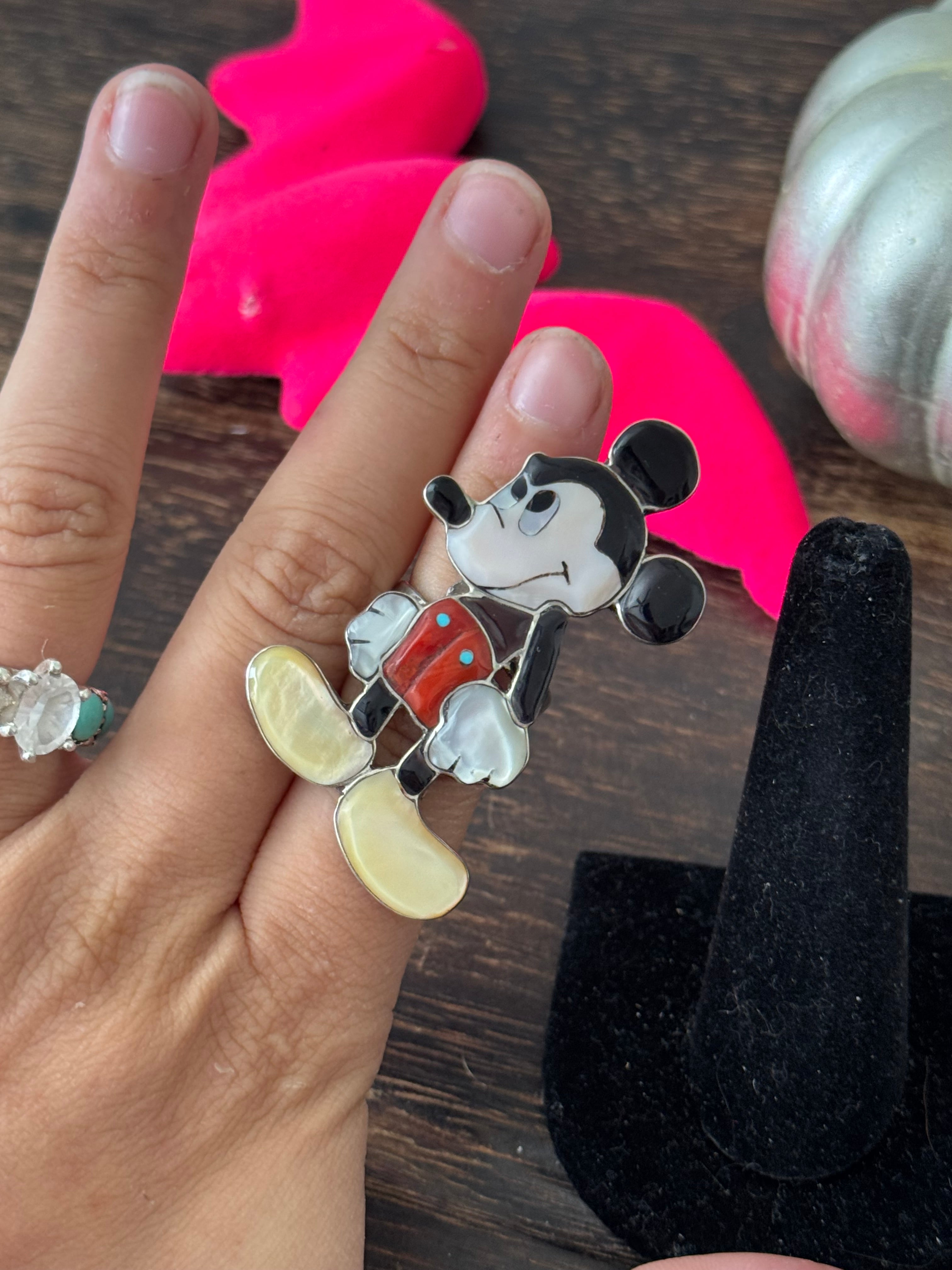 Zuni Made Multi Stone & Sterling Silver Mickey Mouse Inlay Ring Size 5.25