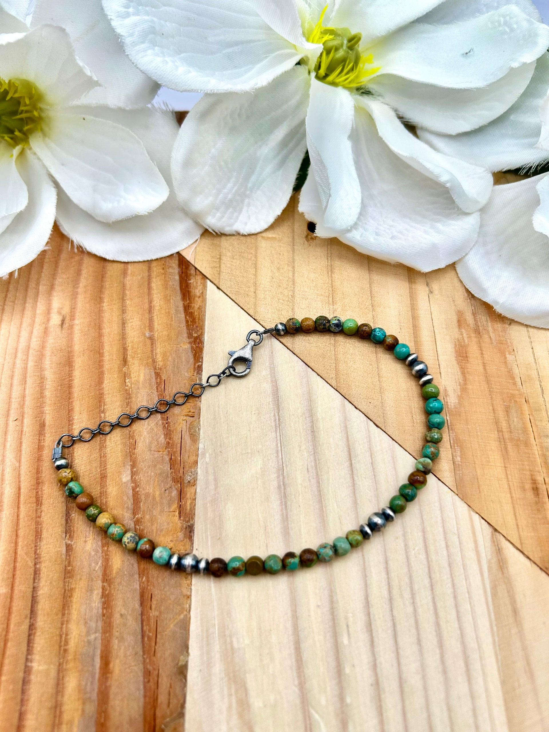 Navajo Made Kingman Turquoise & Sterling Silver Strung Anklet