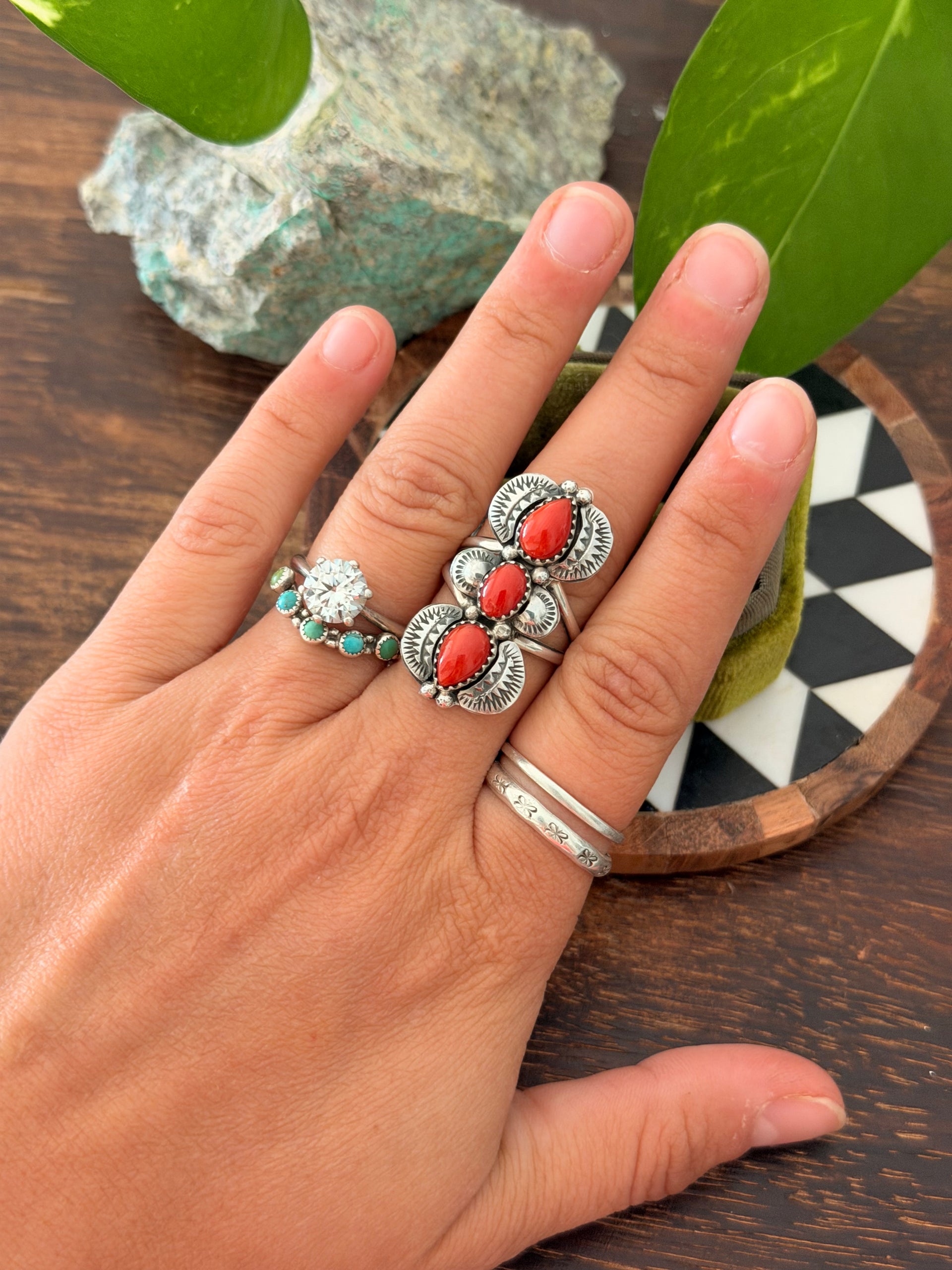 Navajo Made Natural Coral & Sterling Silver Ring