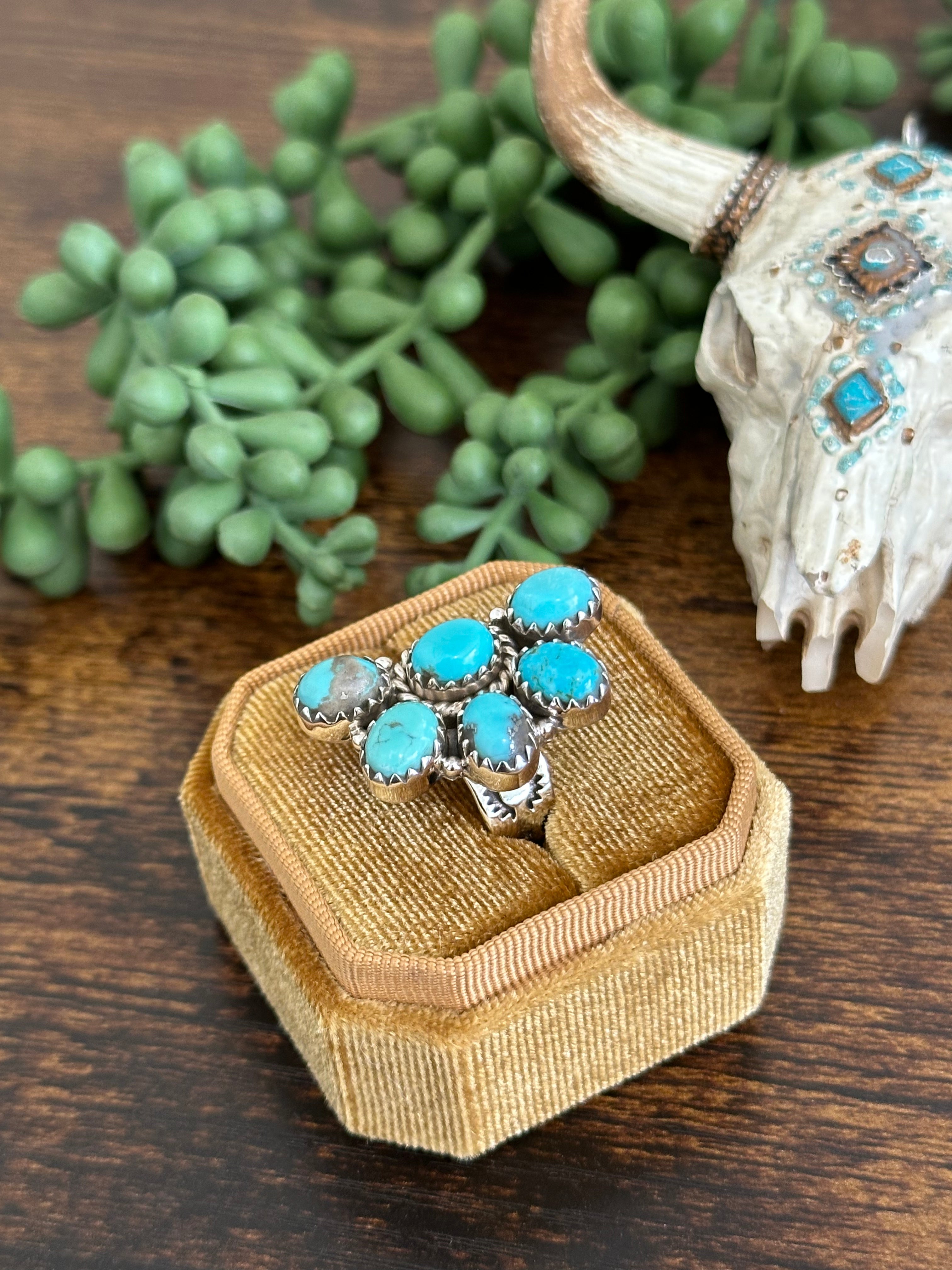 Southwest Handmade Kingman Turquoise & Sterling Silver Adjustable Cluster Ring